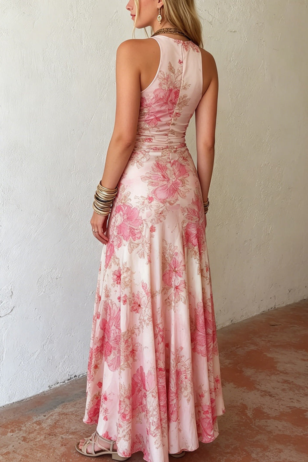 Pink Floral Chiffon Pleated Midi Dress
