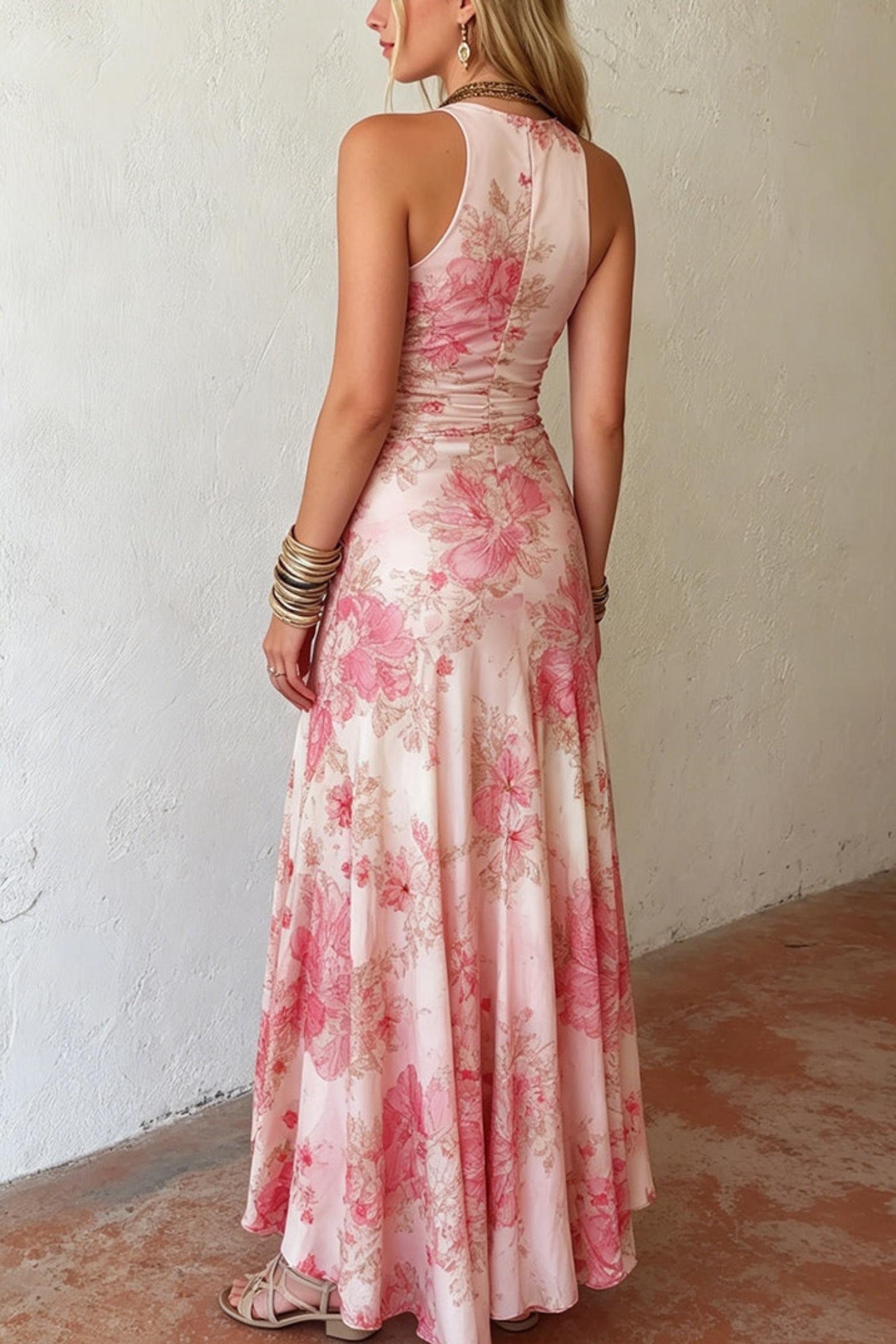 Pink Floral Chiffon Pleated Midi Dress