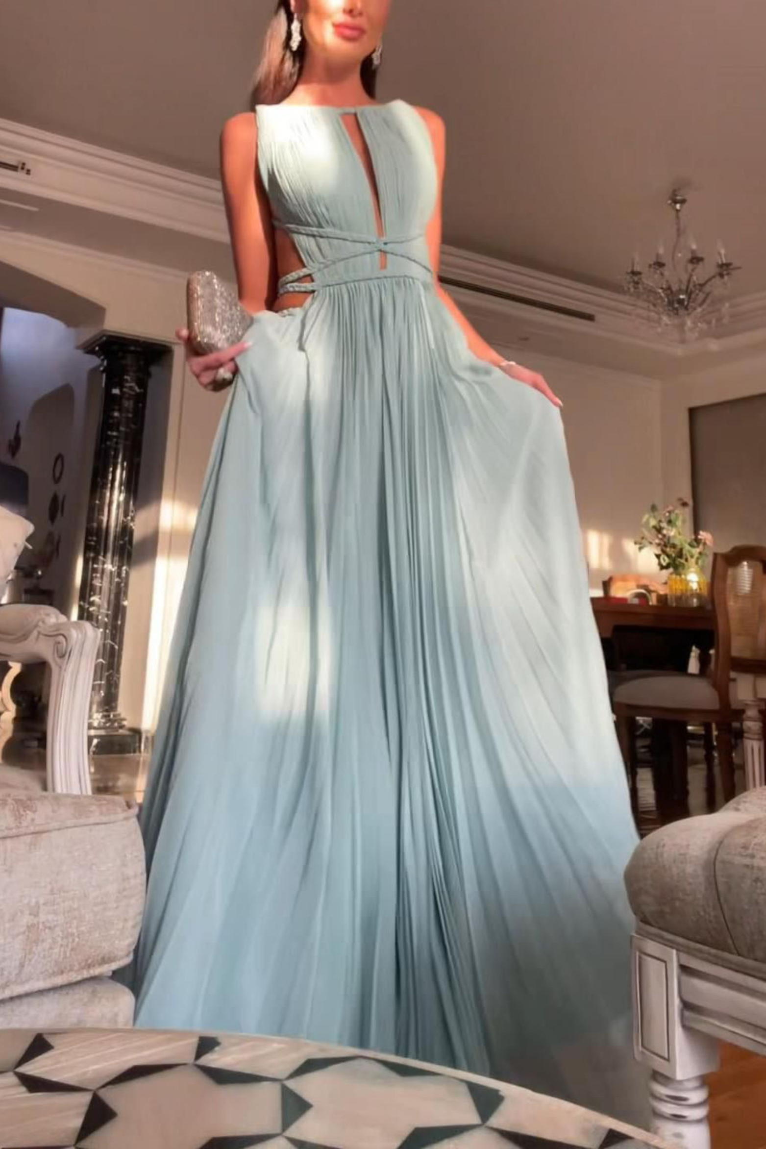 Pleated Open Back Maxi Dress with Cutout Detail