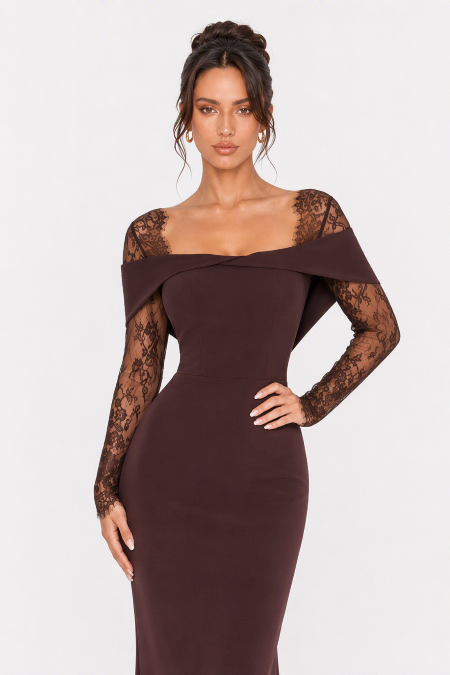Off Shoulder Lace Sleeve Maxi Dress