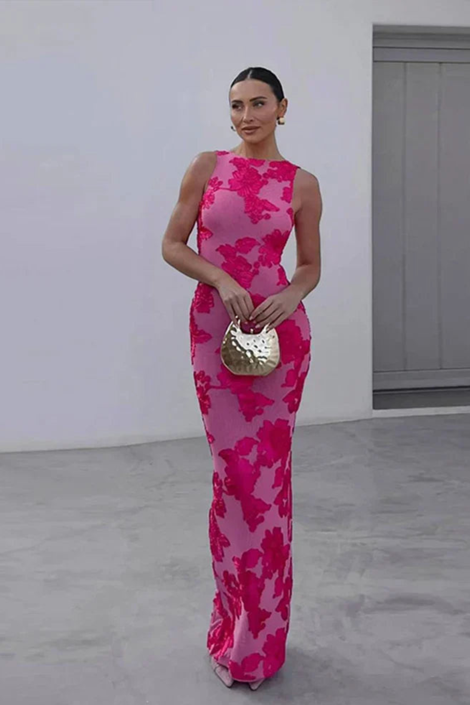 Pink Floral Print Maxi Dress with Flowy Silhouette