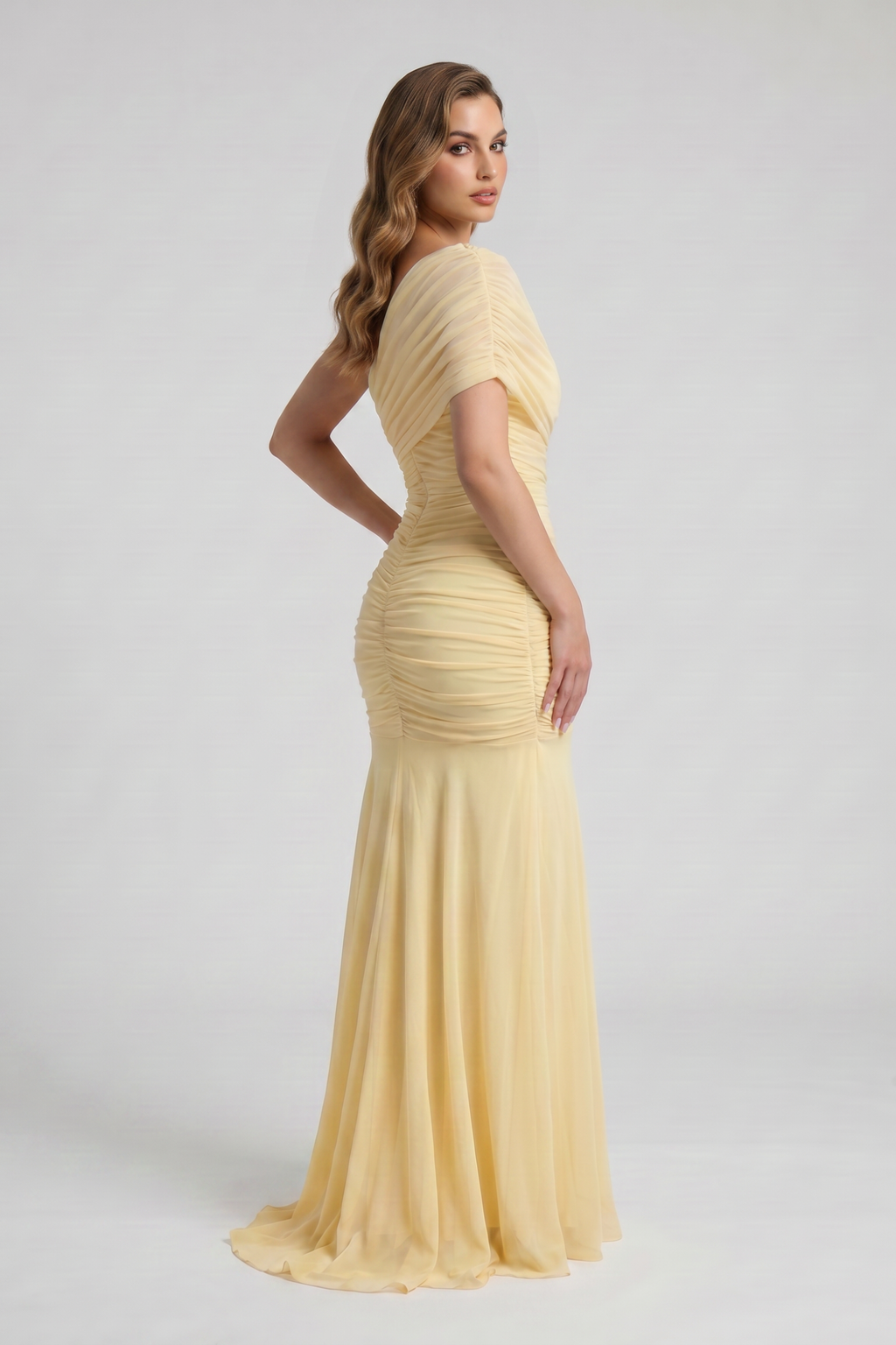 Ruched Mermaid Maxi Dress with Draped Neckline