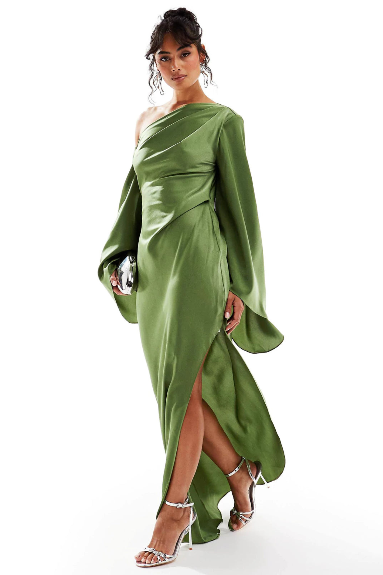 Green Asymmetrical Hem Satin Maxi Dress