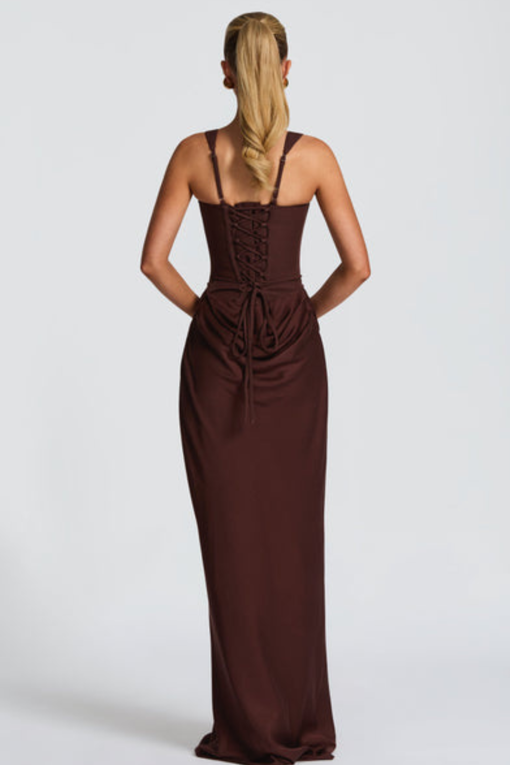 Square Neck Satin Maxi Dress with Open Lace Up Back