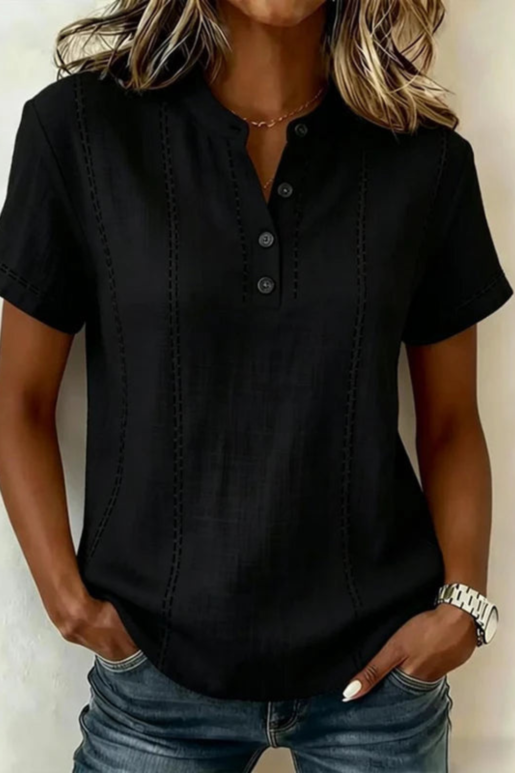 Textured V-Neck Button Blouse with Relaxed Short Sleeves