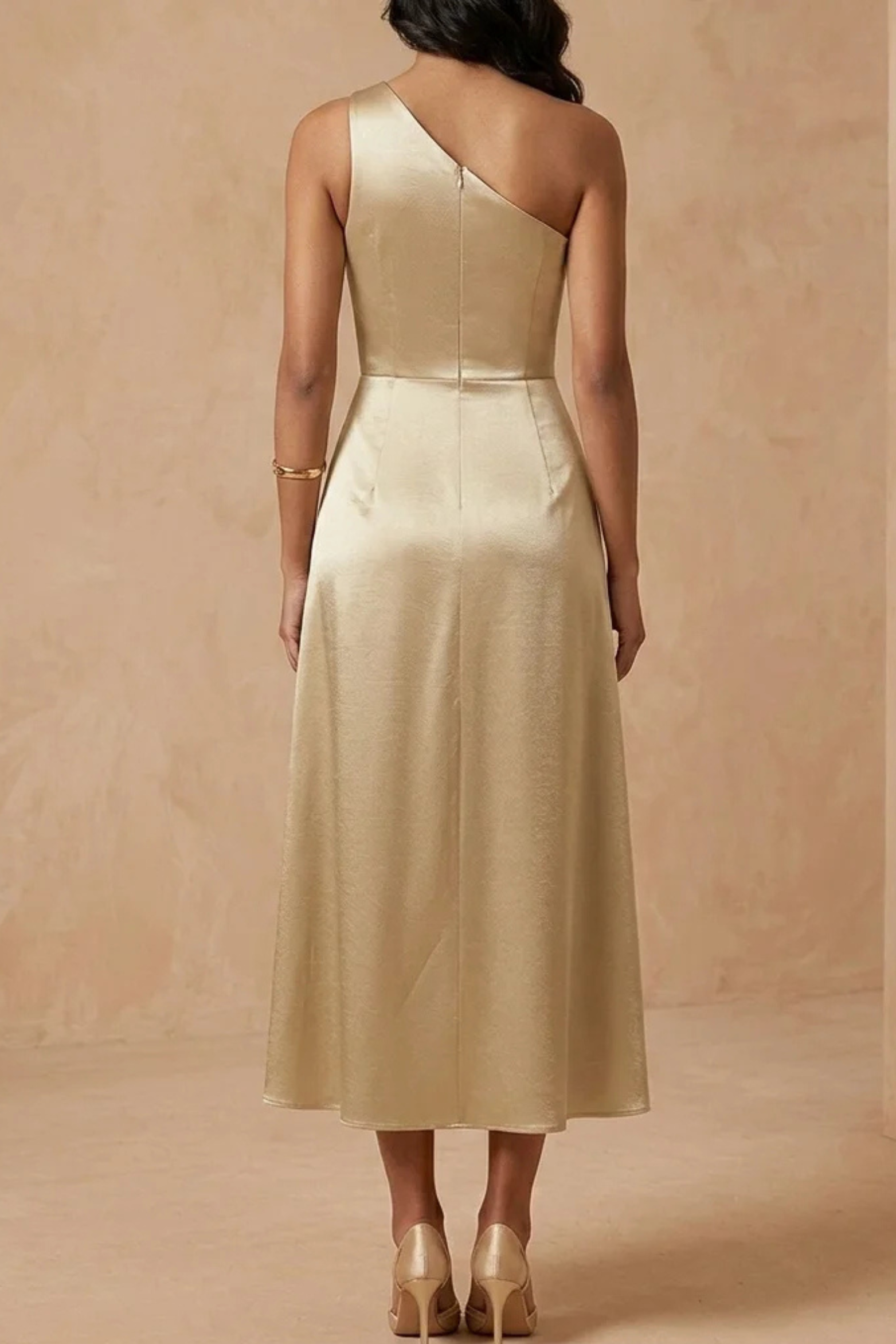 Draped One Shoulder A Line Midi Bridesmaid Dress, Champagne / M