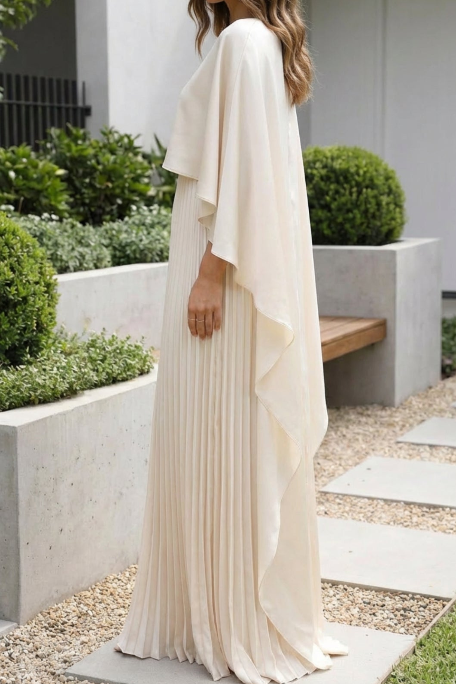 Cape Style Pleated Maxi Wedding Guest Dress