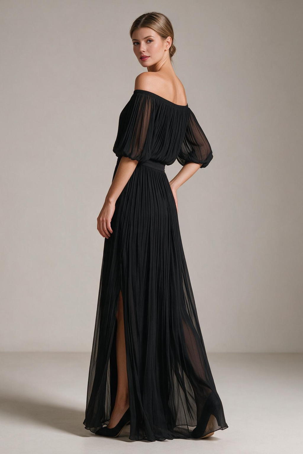 Pleated Chiffon Off Shoulder Maxi Dress