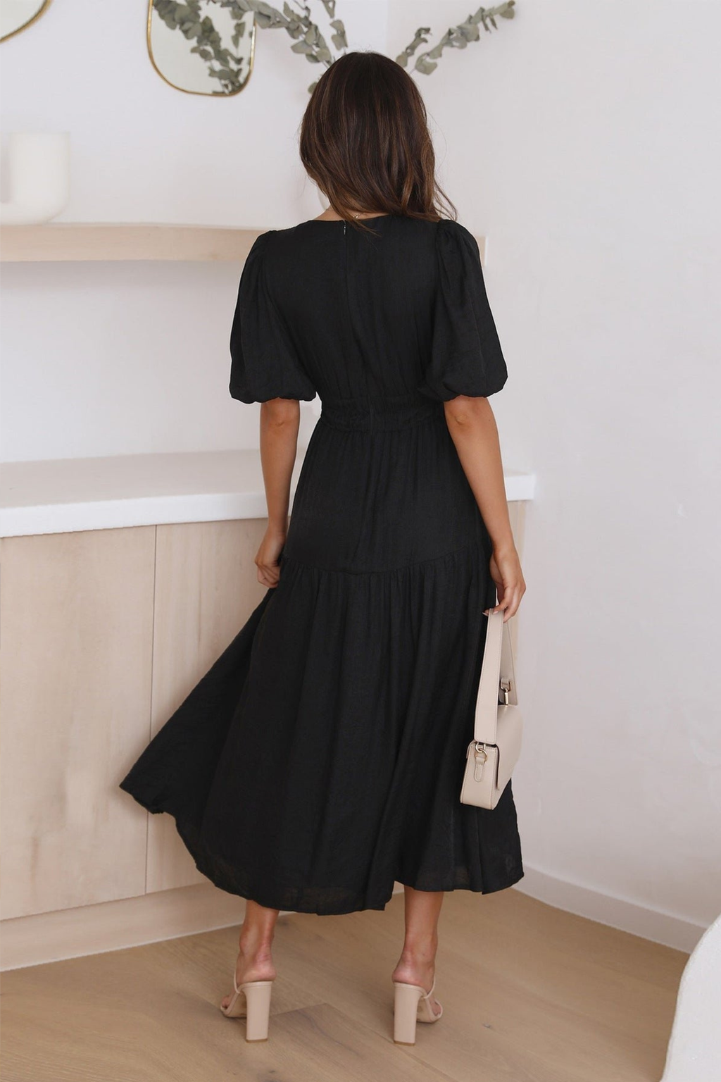 Puff Sleeve Smocked Waist V Neck Midi Dress