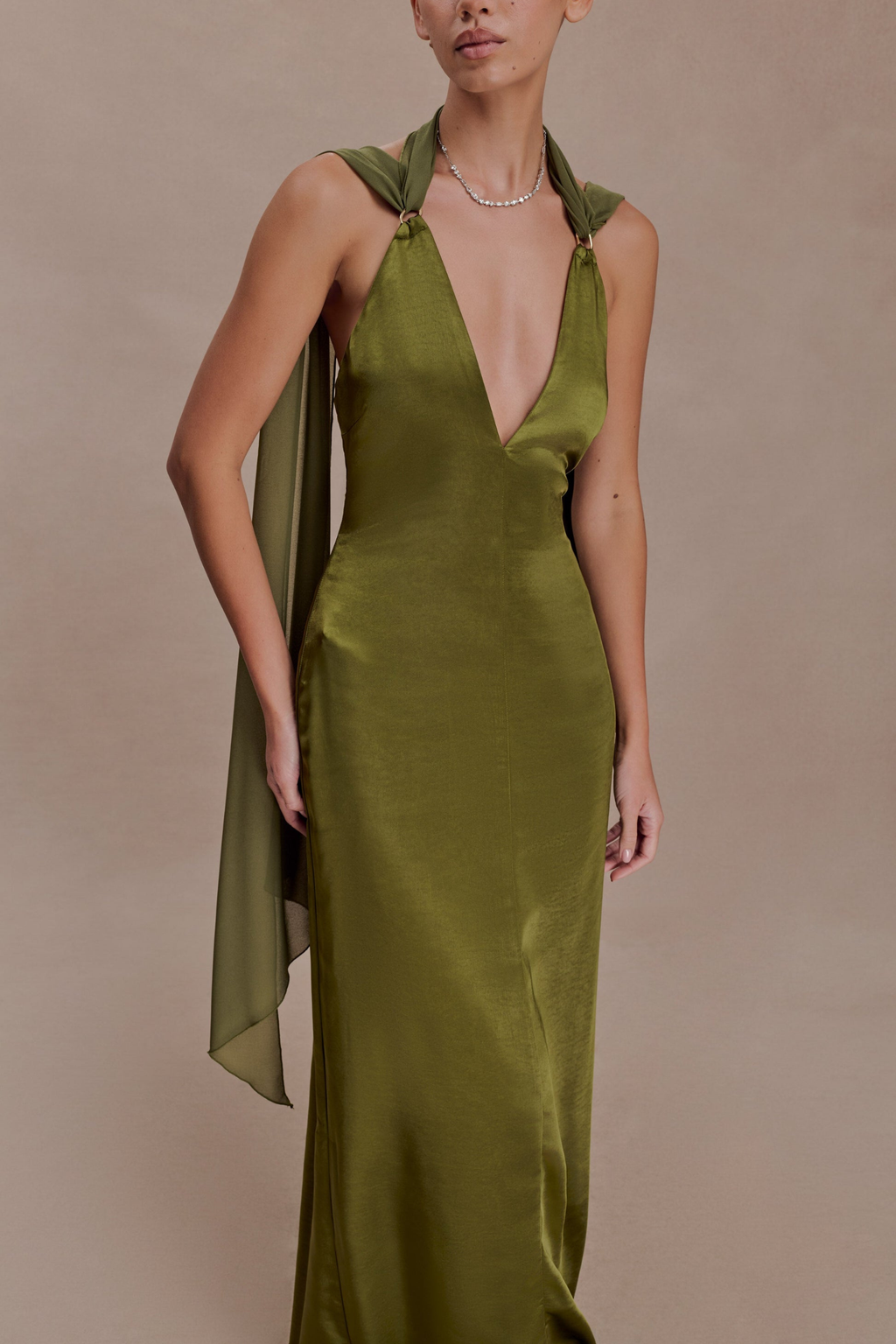 Draped Shoulders Satin Maxi Dress - Khaki