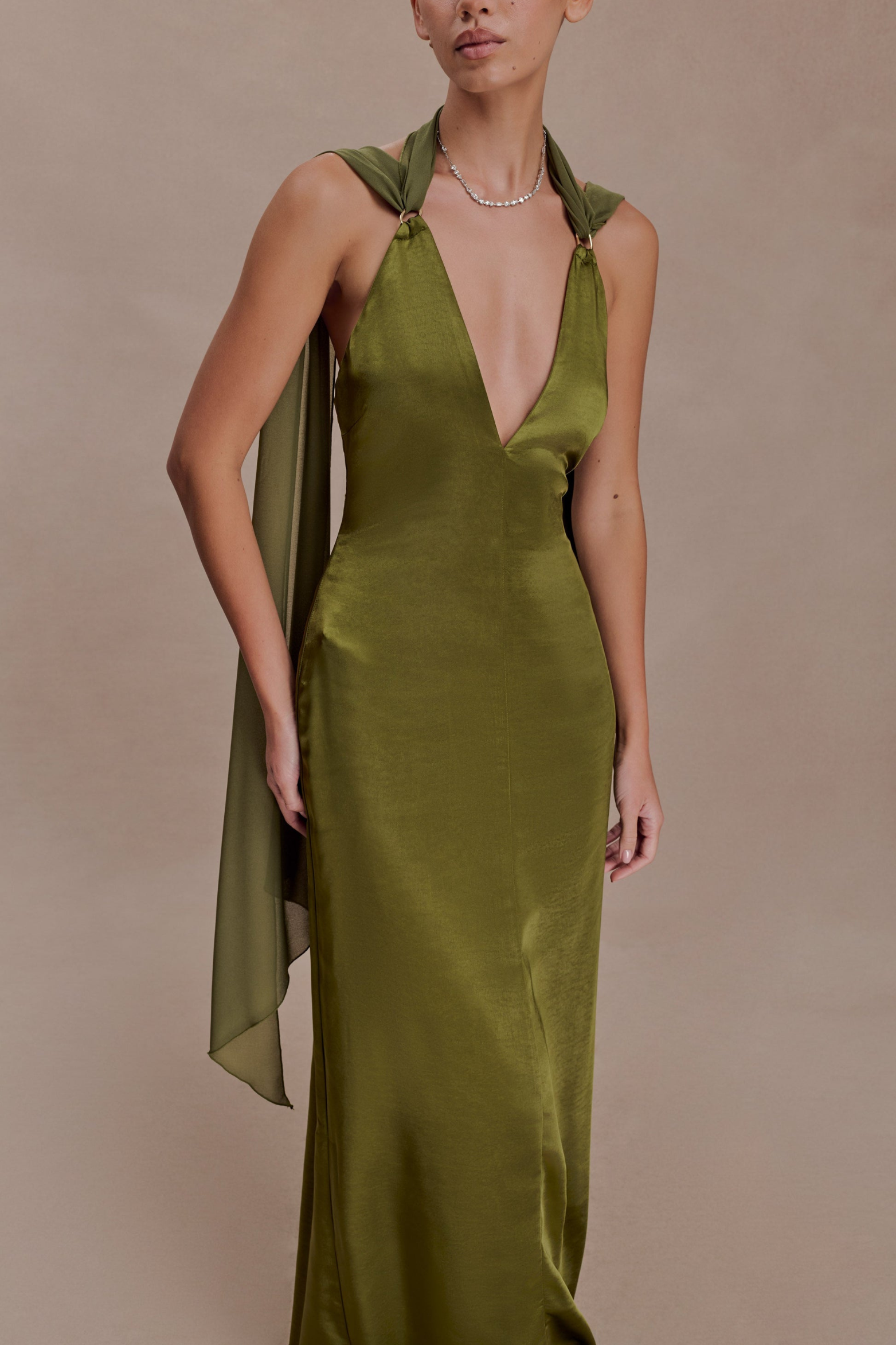 Draped Shoulders Satin Maxi Dress - Khaki