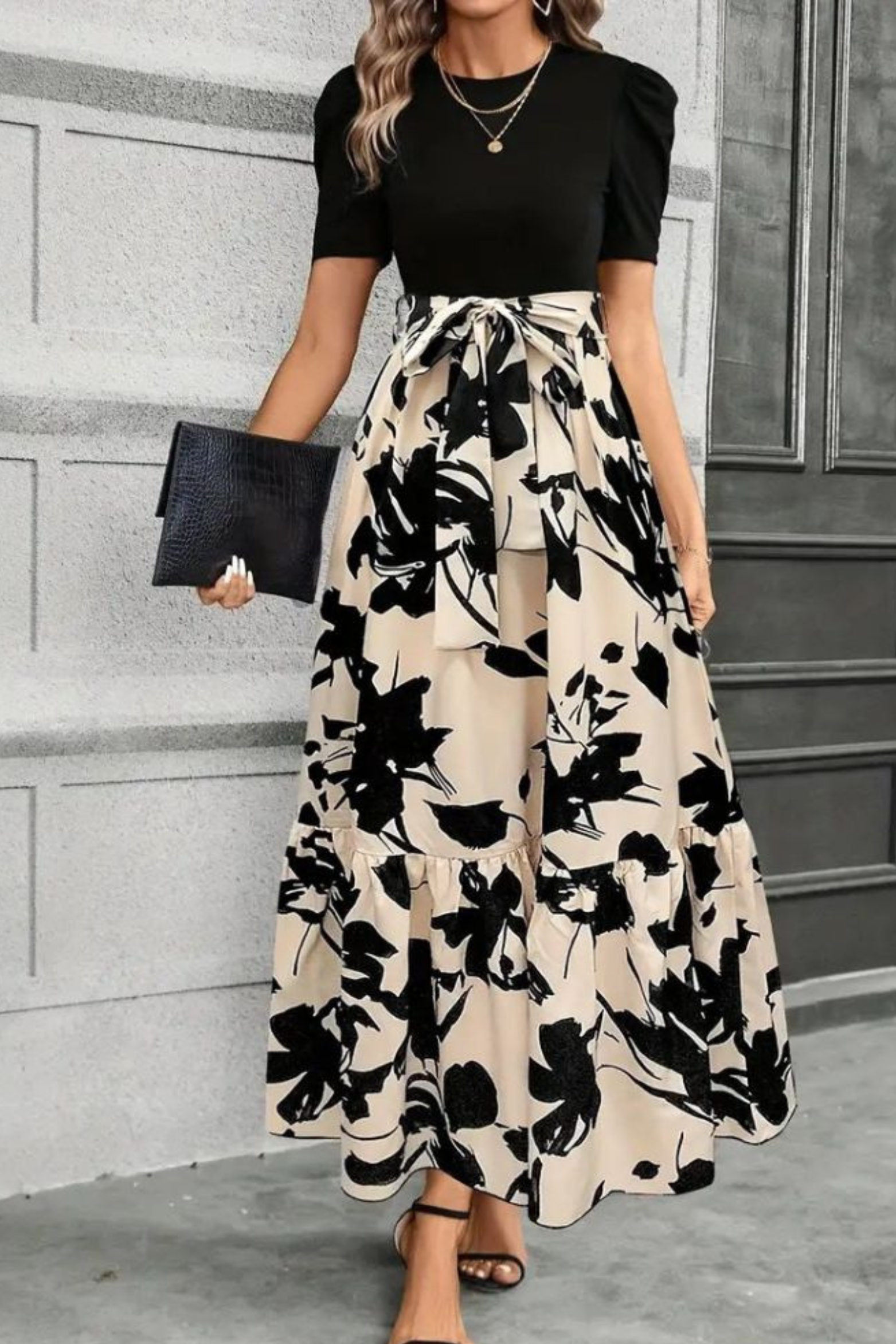 Tie Waist Floral Maxi Dress with Puff Sleeves