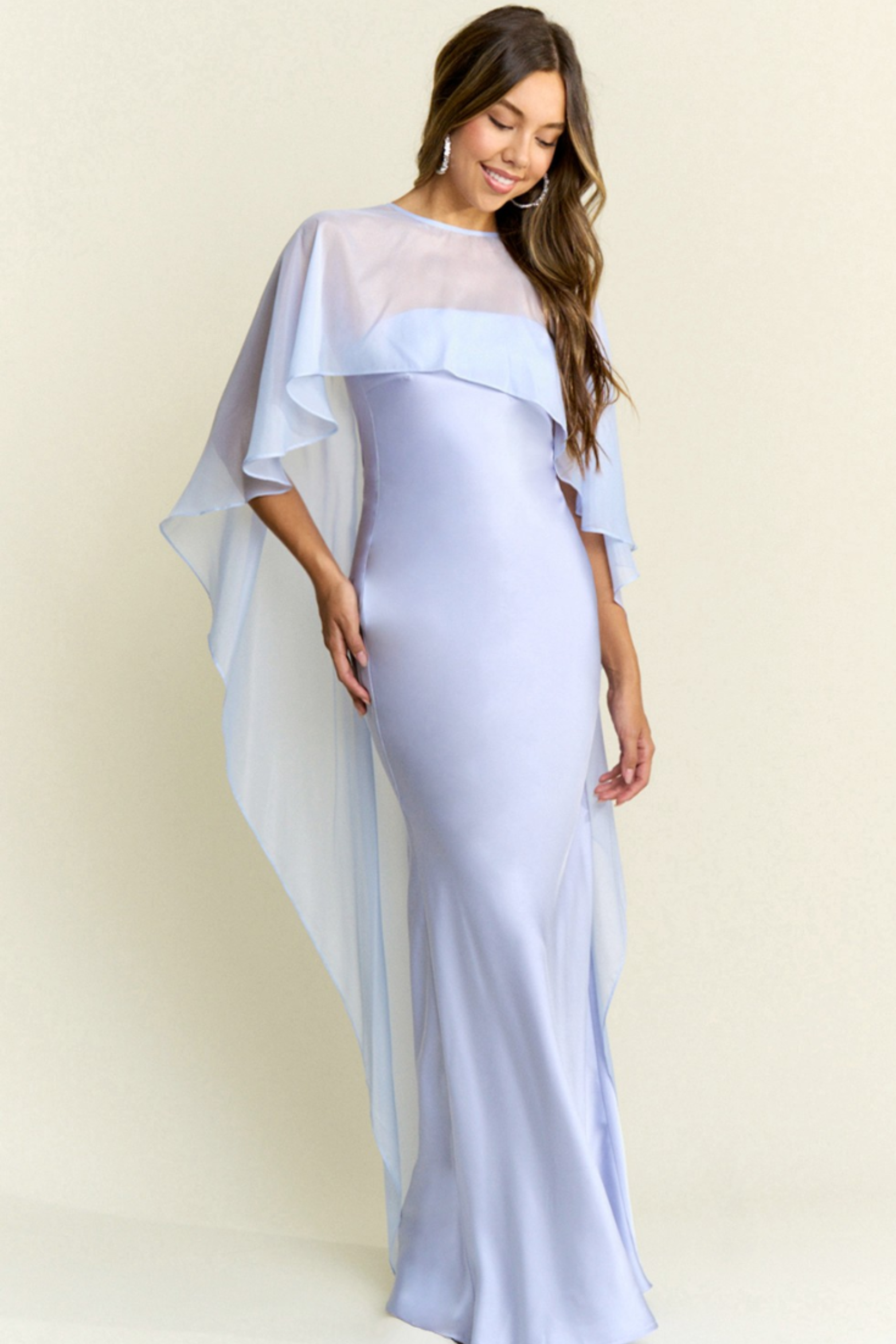 Silky Blue Maxi Dress with Cape Overlay