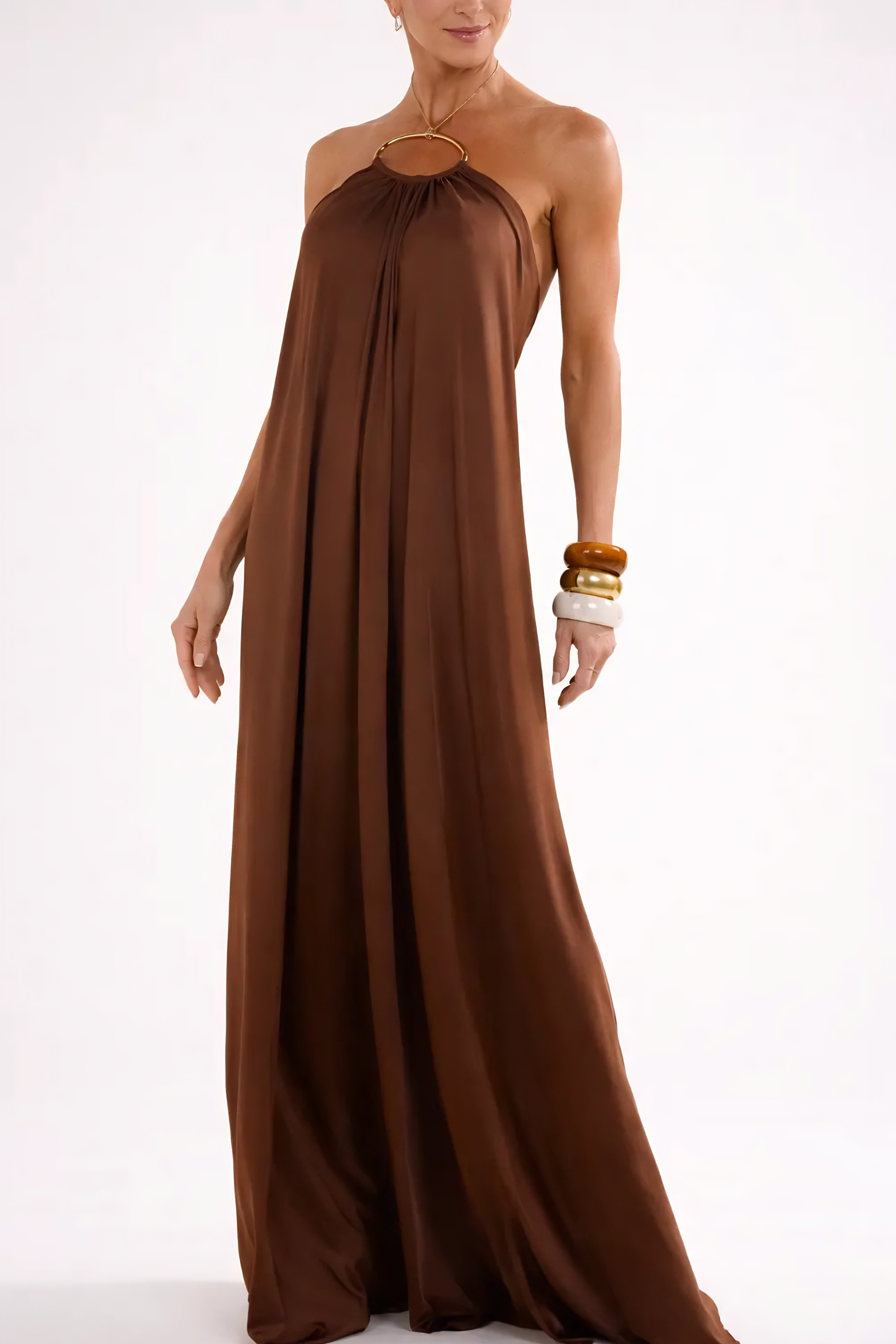 Backless Halter Maxi Dress with Metal Chain Detail