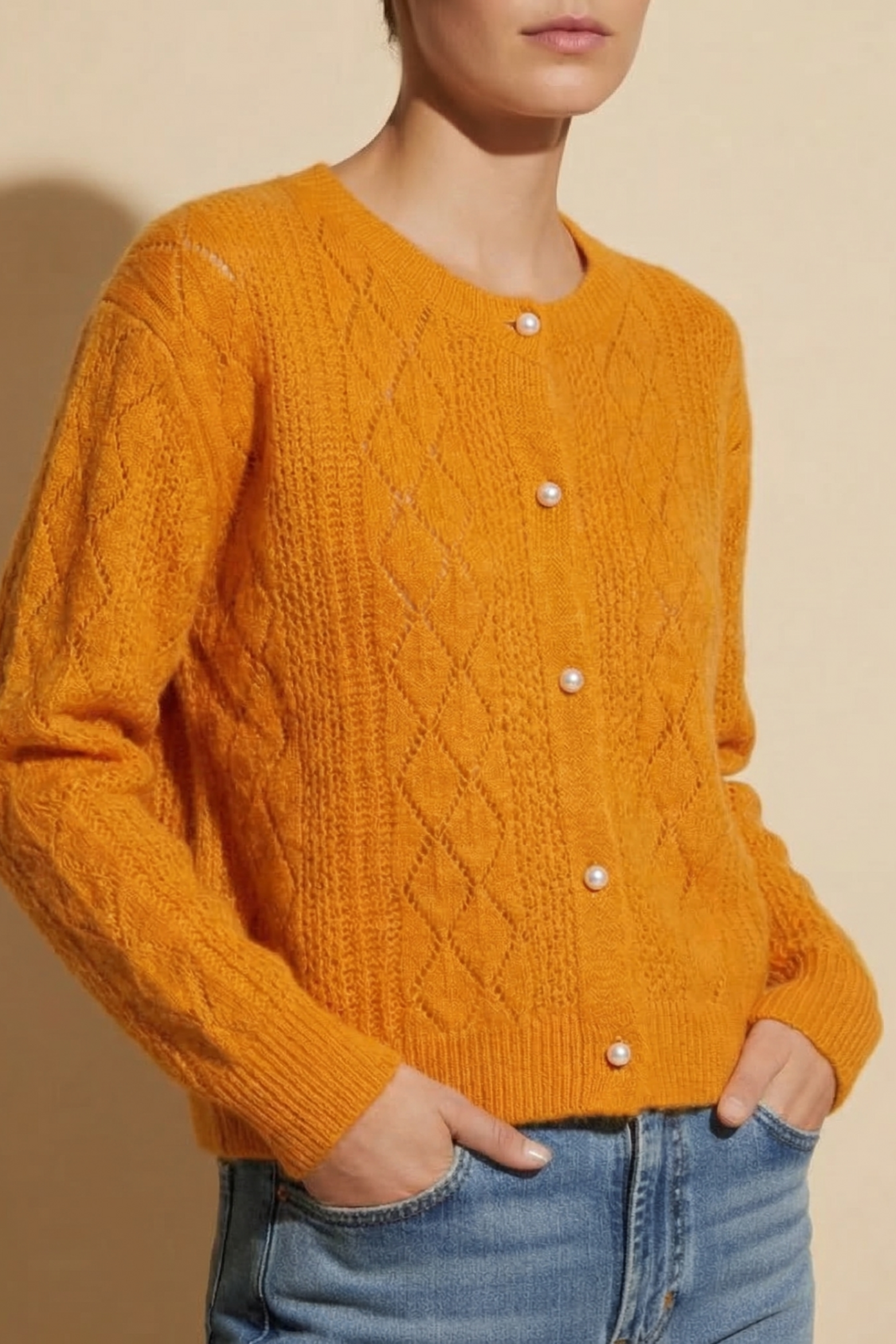 Women's Pearl Accent Open Knit Sweater