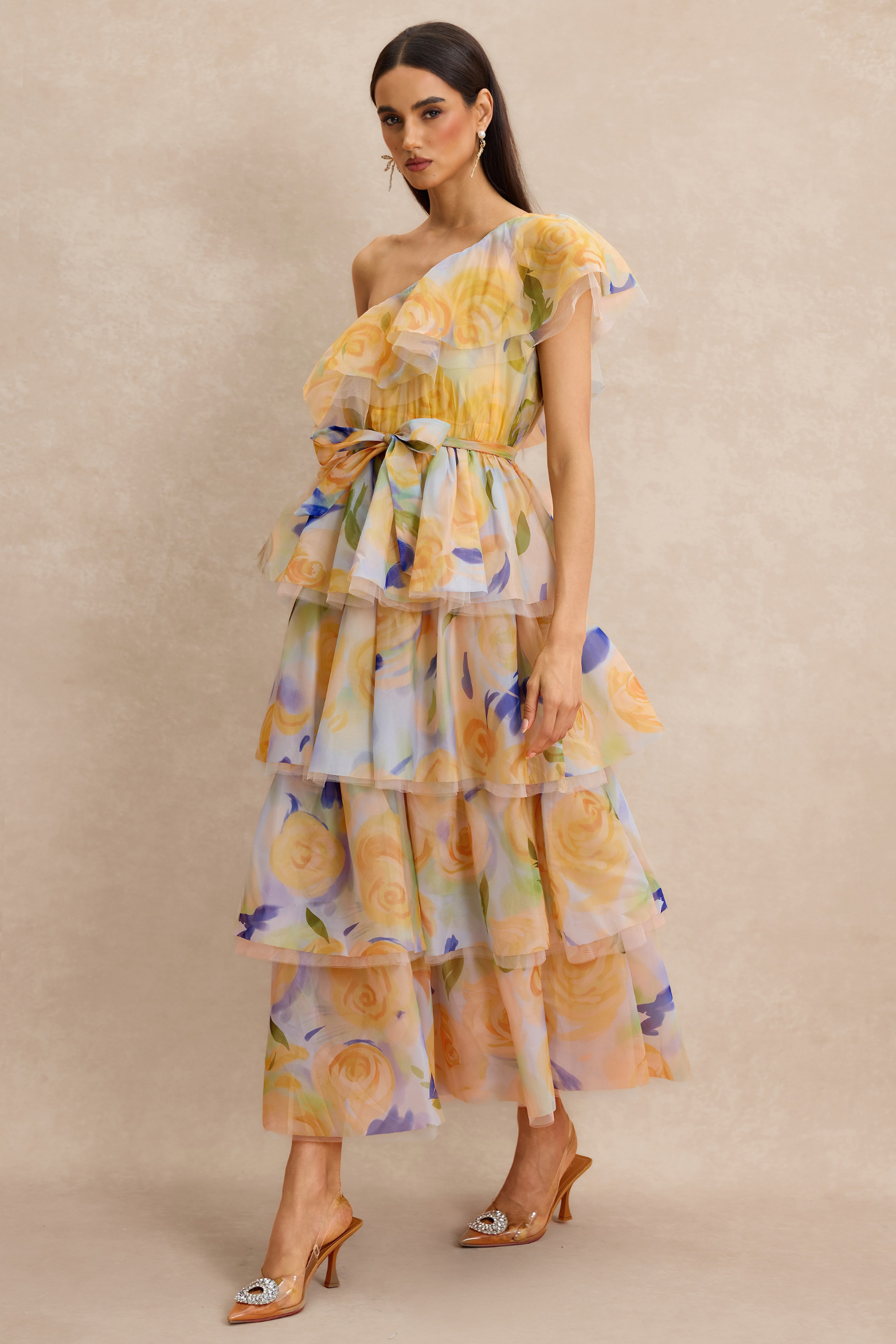 Sleeveless Floral Organza Midi Dress with One Shoulder Ruffle