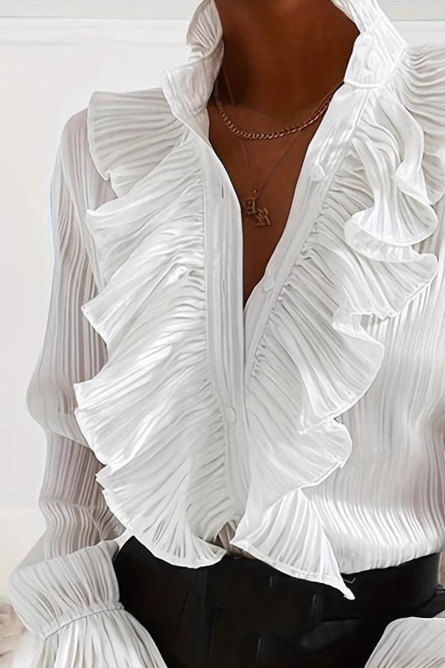 Pleated Ruffle Button-Up Shirt