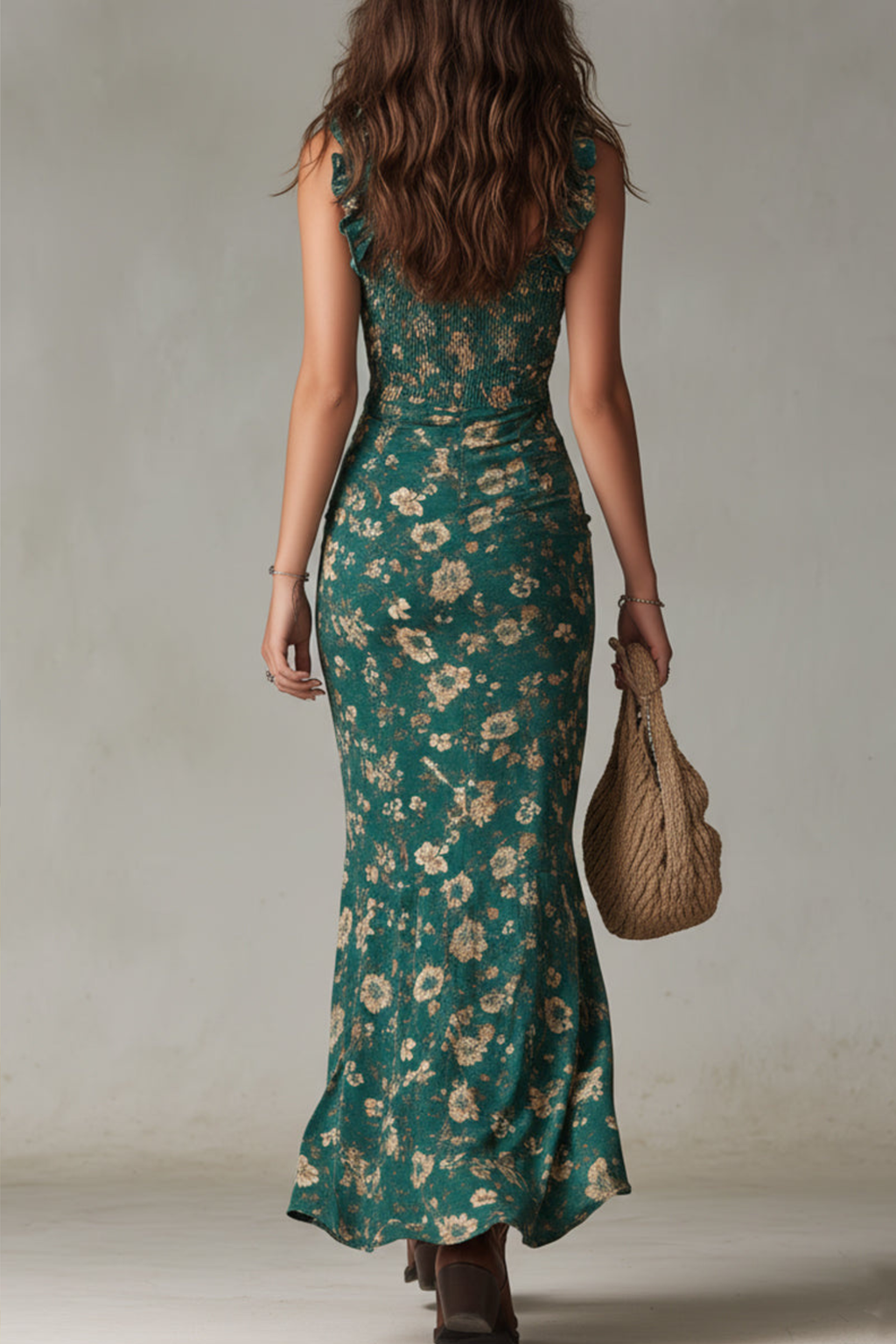 Ruffled Sleeve Slit Maxi Dress with Retro Flow