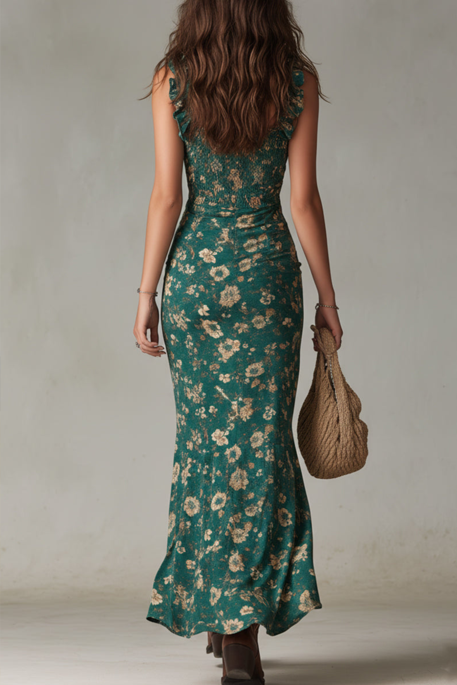 Ruffled Sleeve Slit Maxi Dress with Retro Flow