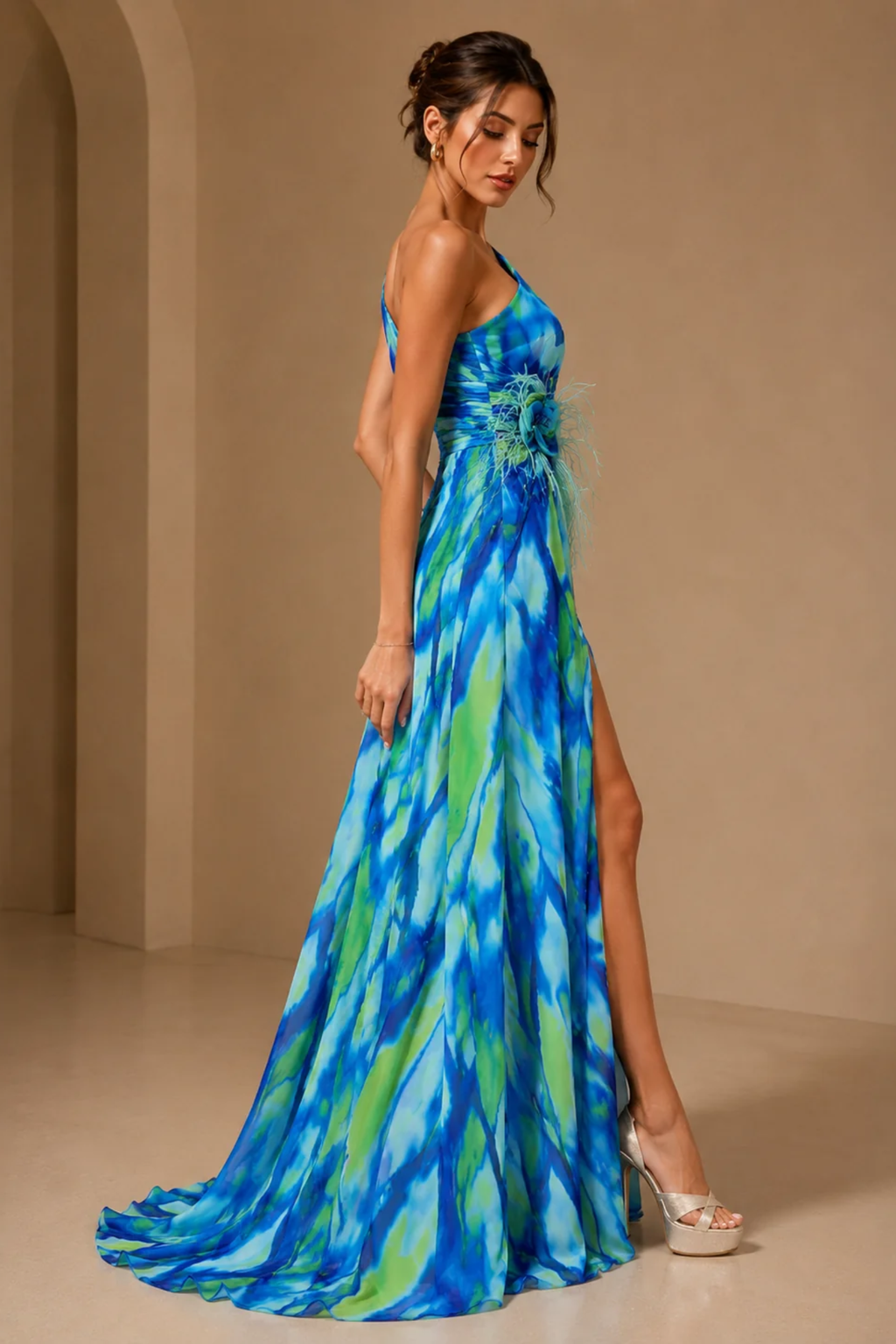Abstract Print One Shoulder Maxi Dress