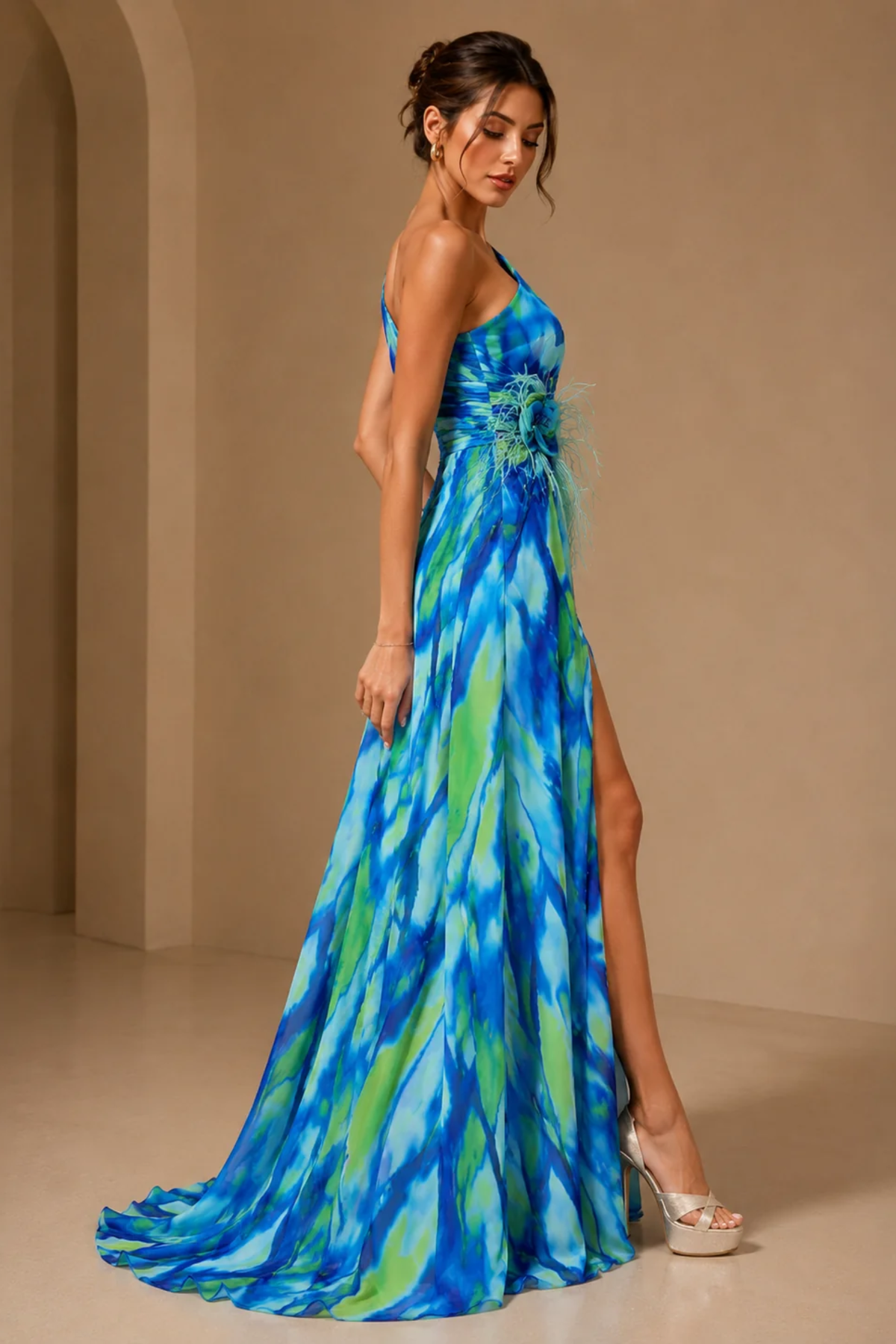 Abstract Print One Shoulder Maxi Dress