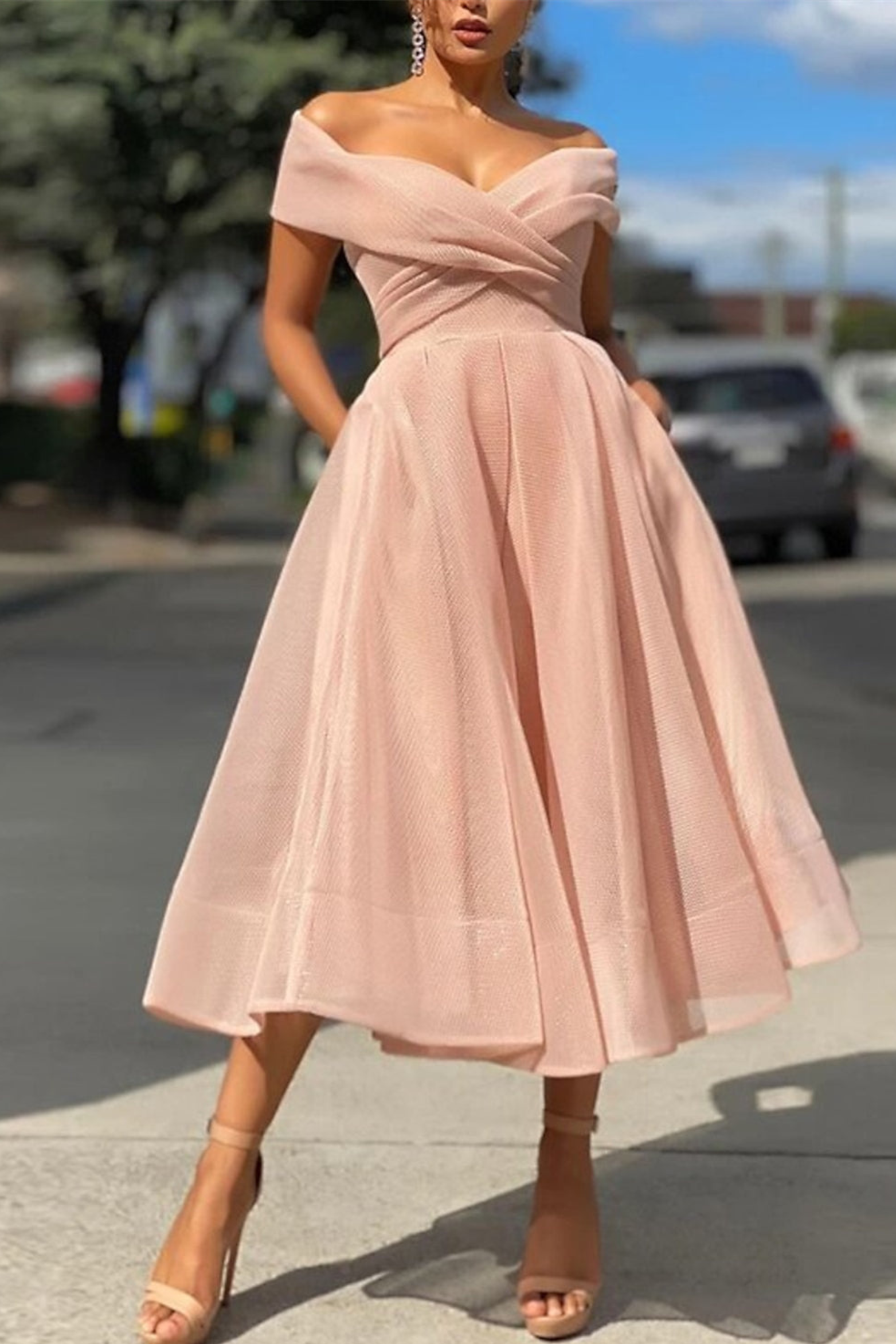 Off Shoulder A Line Tea Length Cocktail Dress