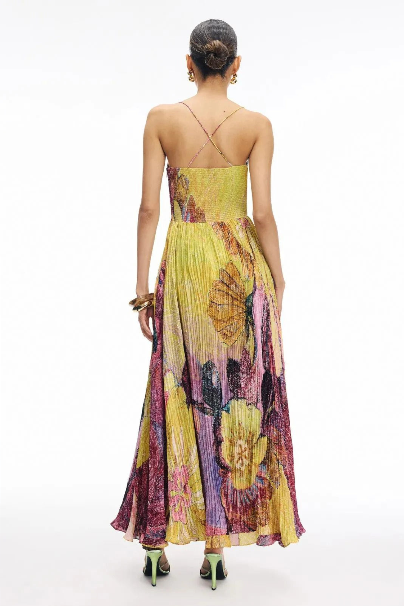 Floral Pleated Swing Maxi Dress with Spaghetti Straps