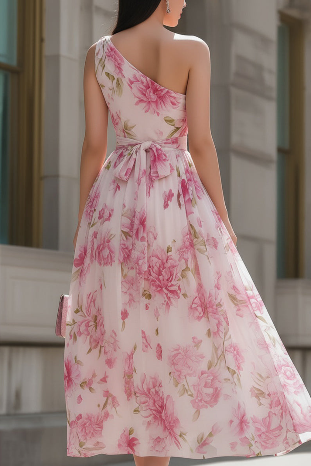 Floral One Shoulder Chiffon Midi Dress