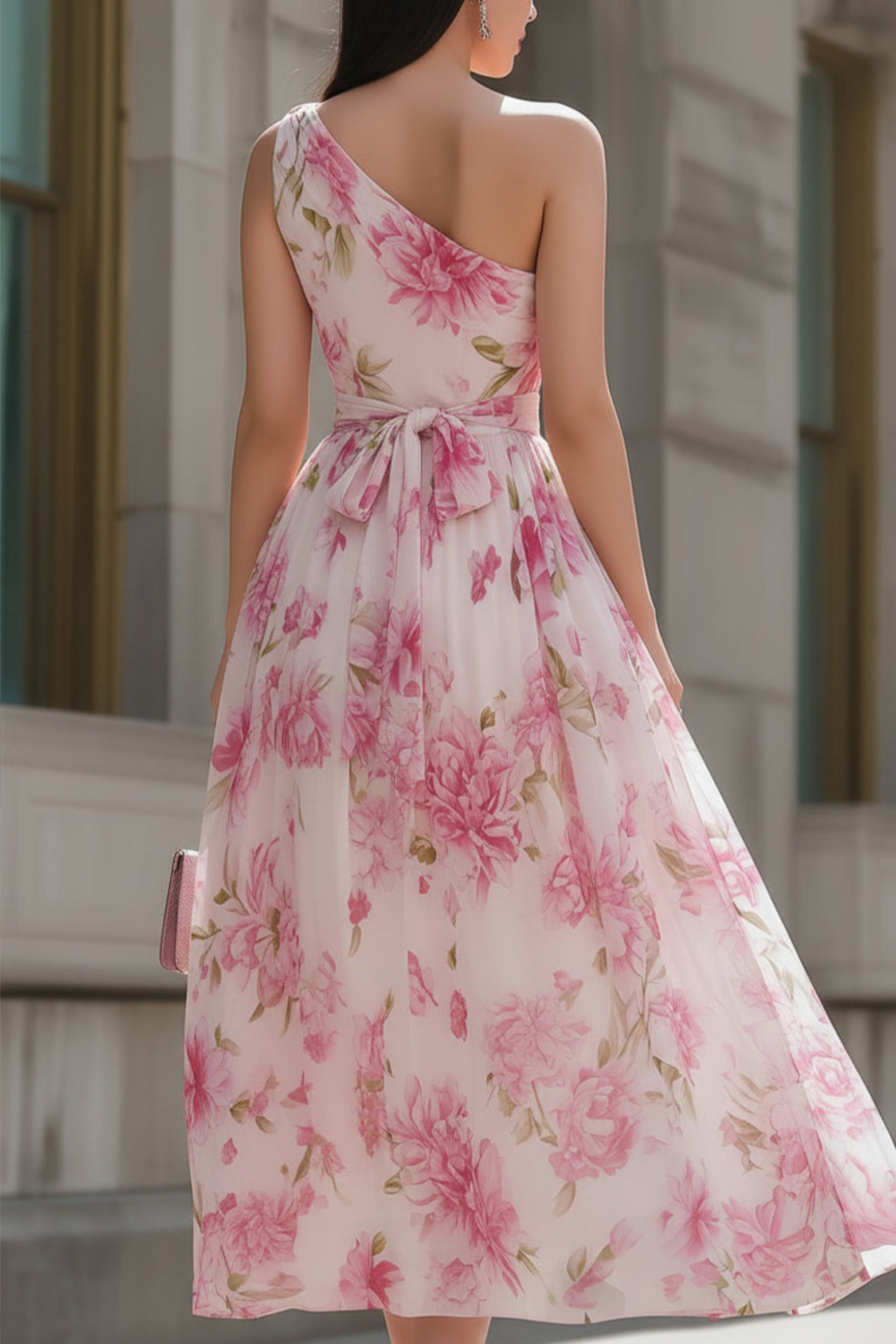 Floral One Shoulder Chiffon Midi Dress