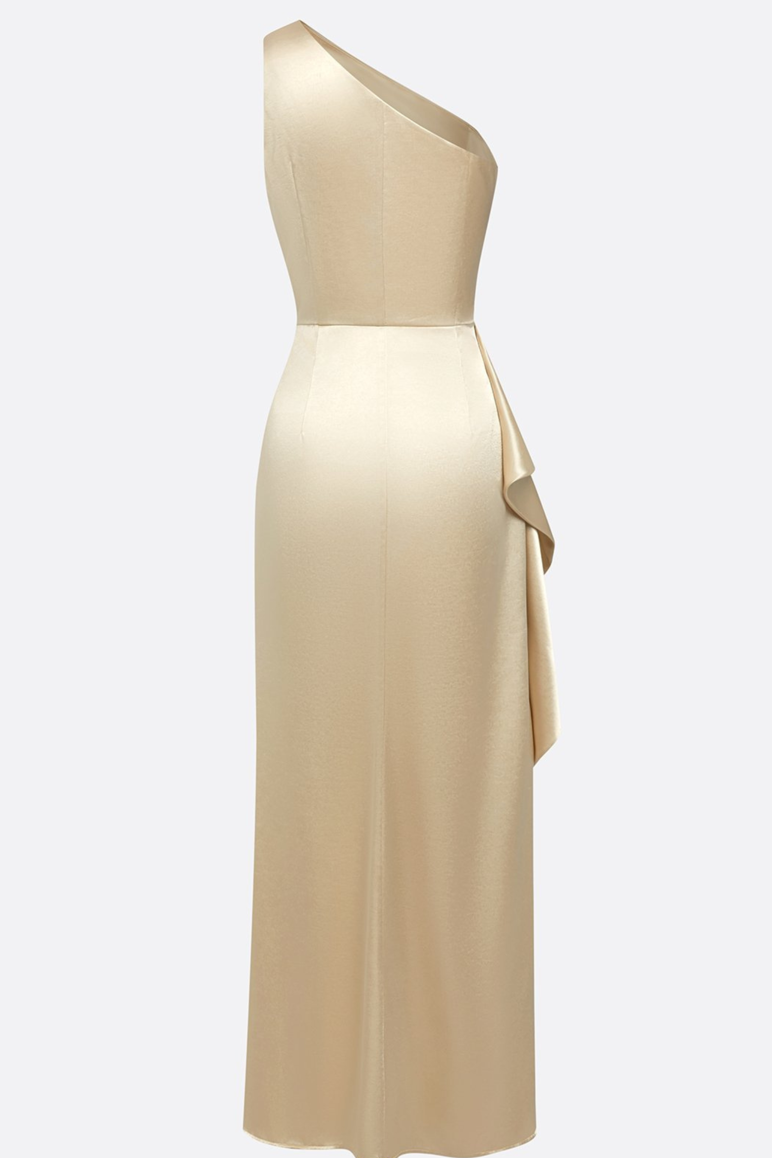 One Shoulder Ruched Satin Maxi Dress with Ruffle Detail