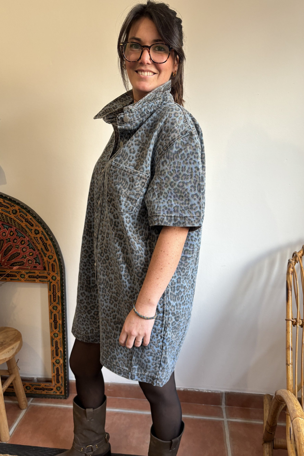 Blue Leopard Print Button Front Playsuit