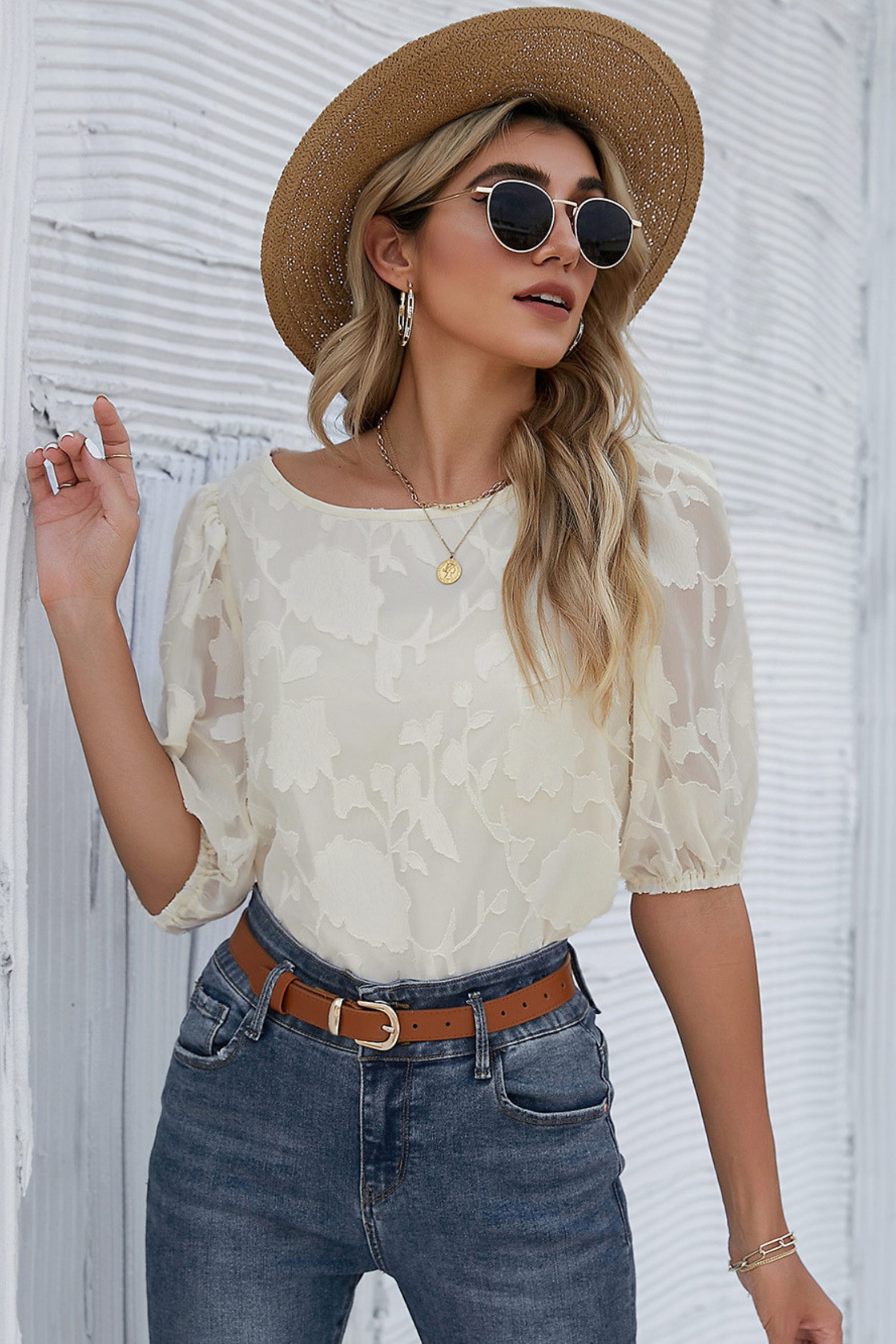 Floral Puff Sleeve Crew Neck Blouse