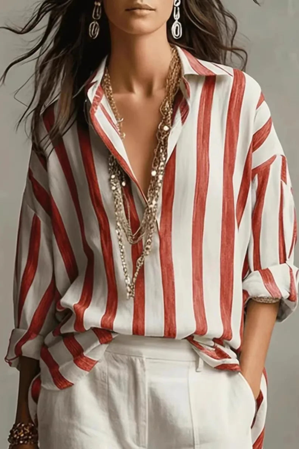 Striped Linen Blend Shirt with Classic Turn-Down Collar
