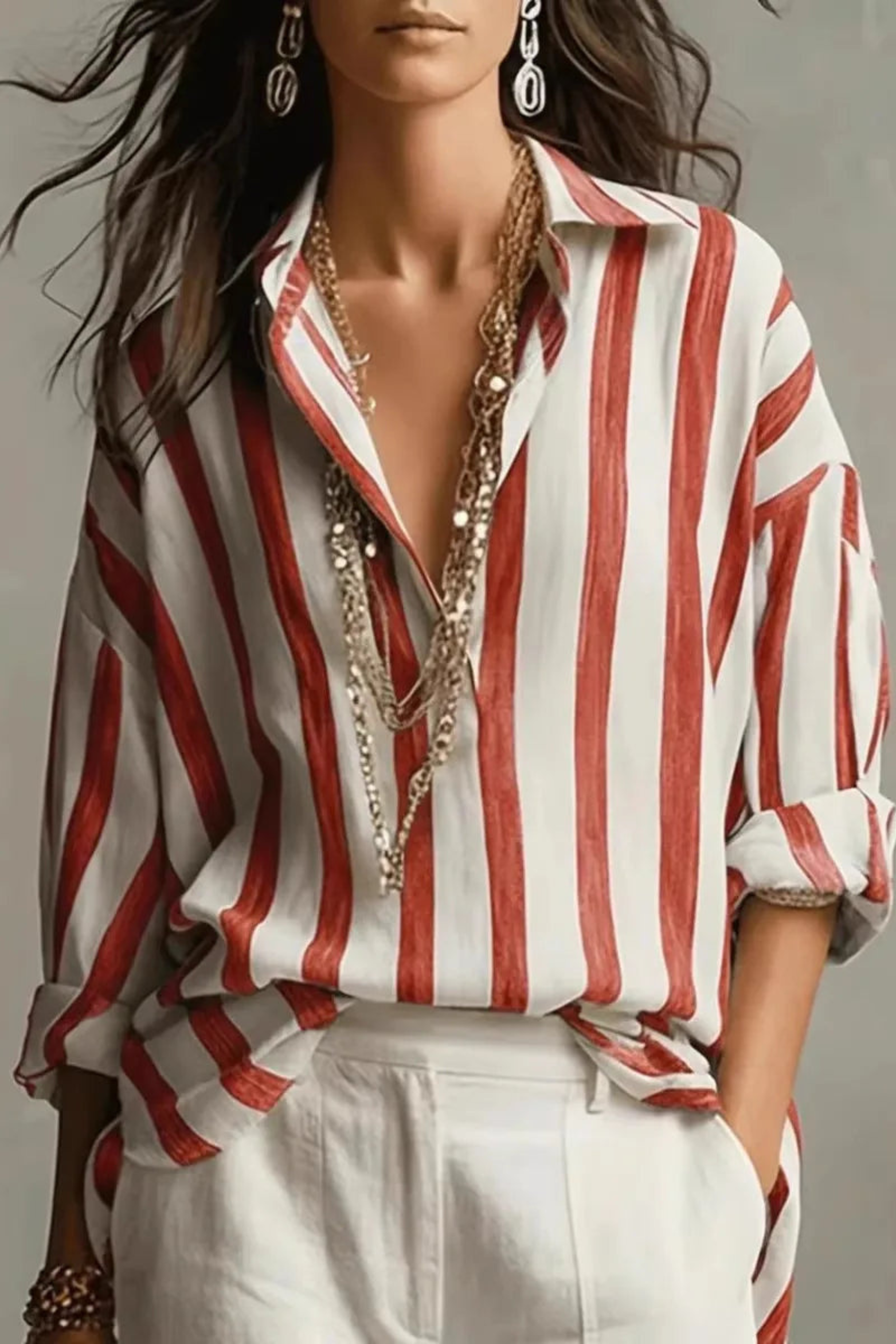 Striped Linen Blend Shirt with Classic Turn-Down Collar