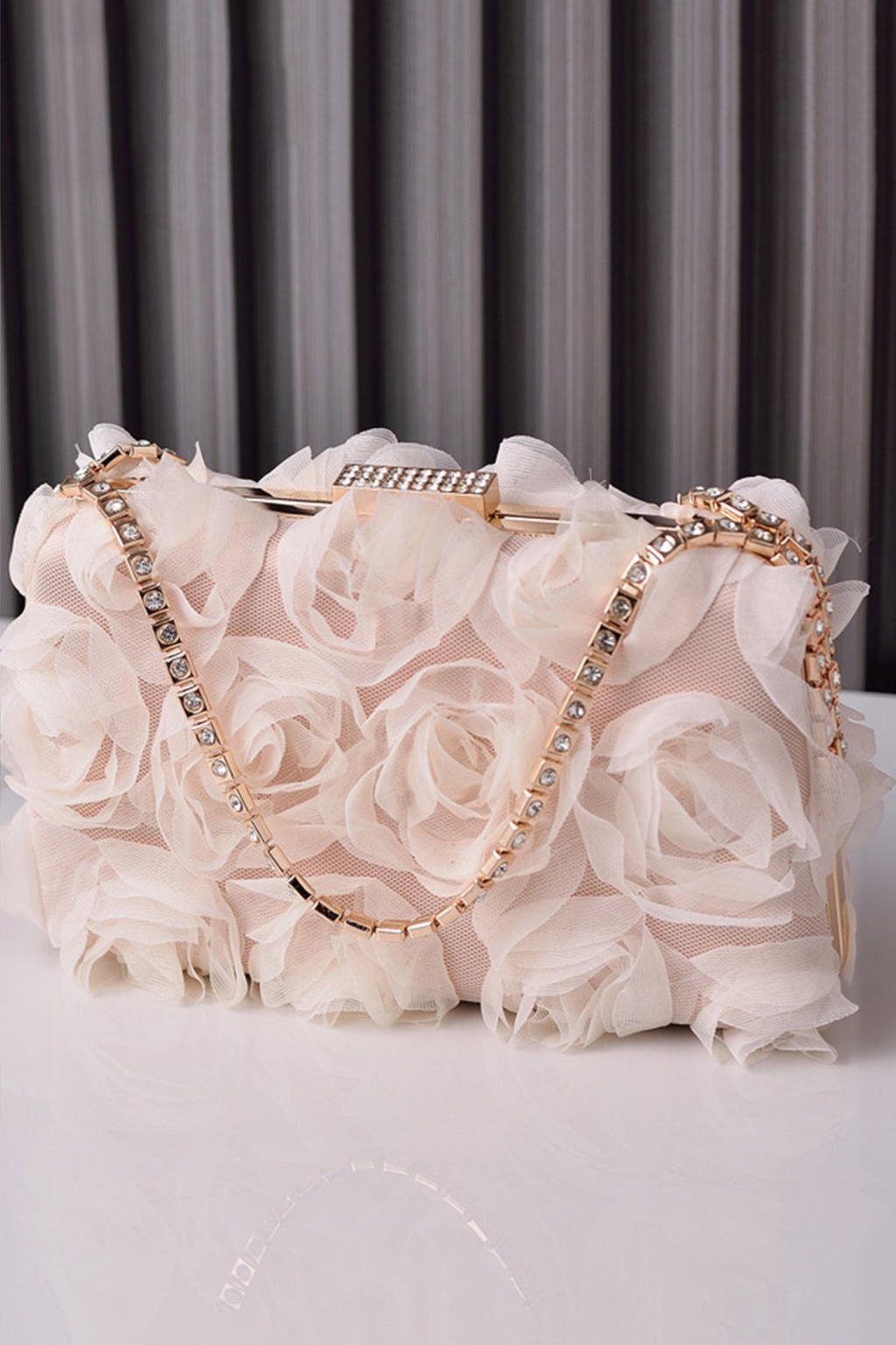 Floral Mesh Evening Clutch with Rhinestone Handle