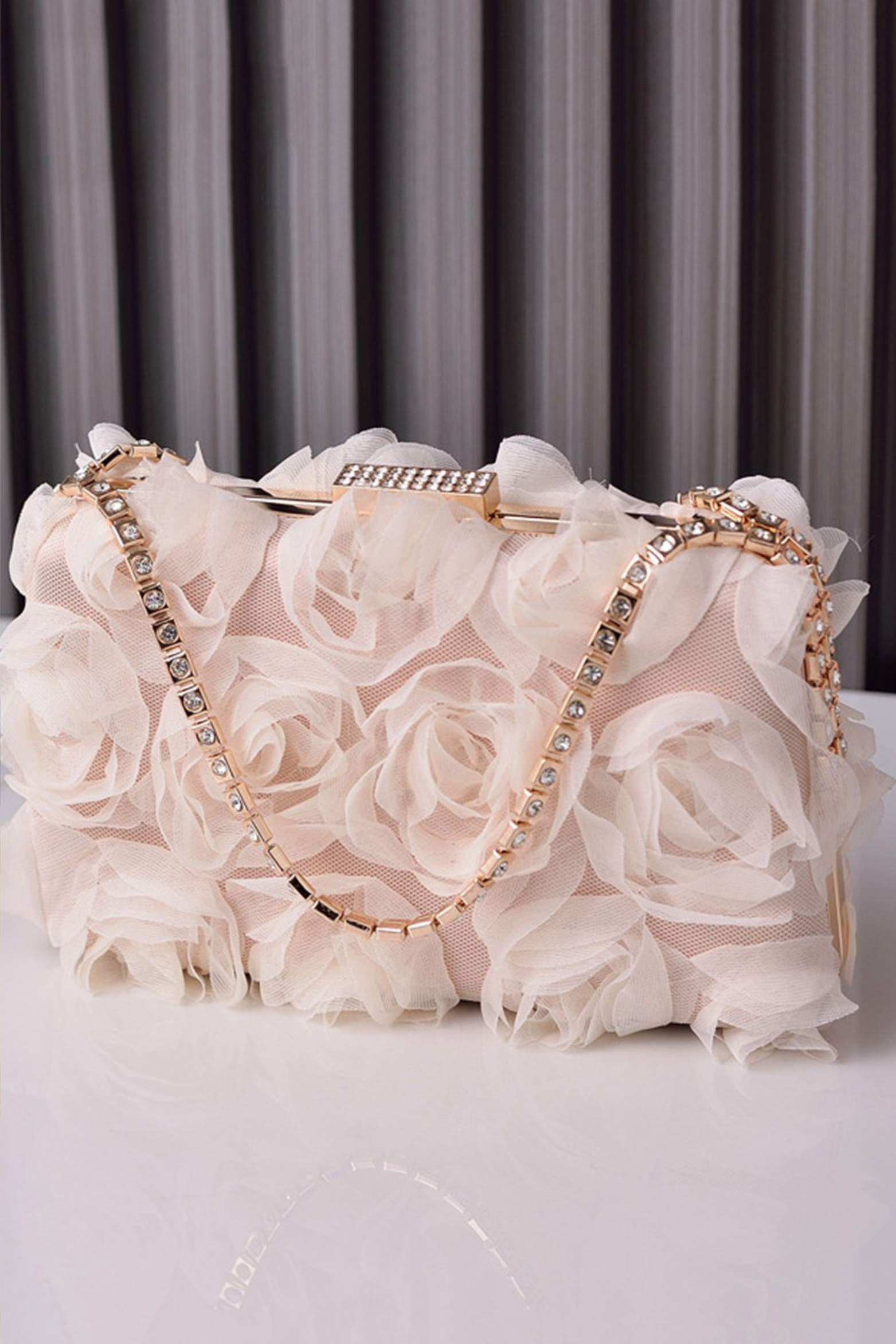 Floral Mesh Evening Clutch with Rhinestone Handle