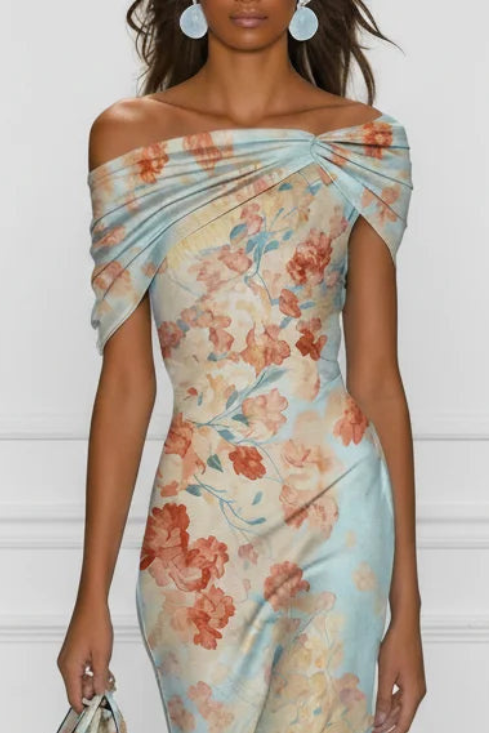 Blue Floral One Shoulder Mermaid Midi Dress