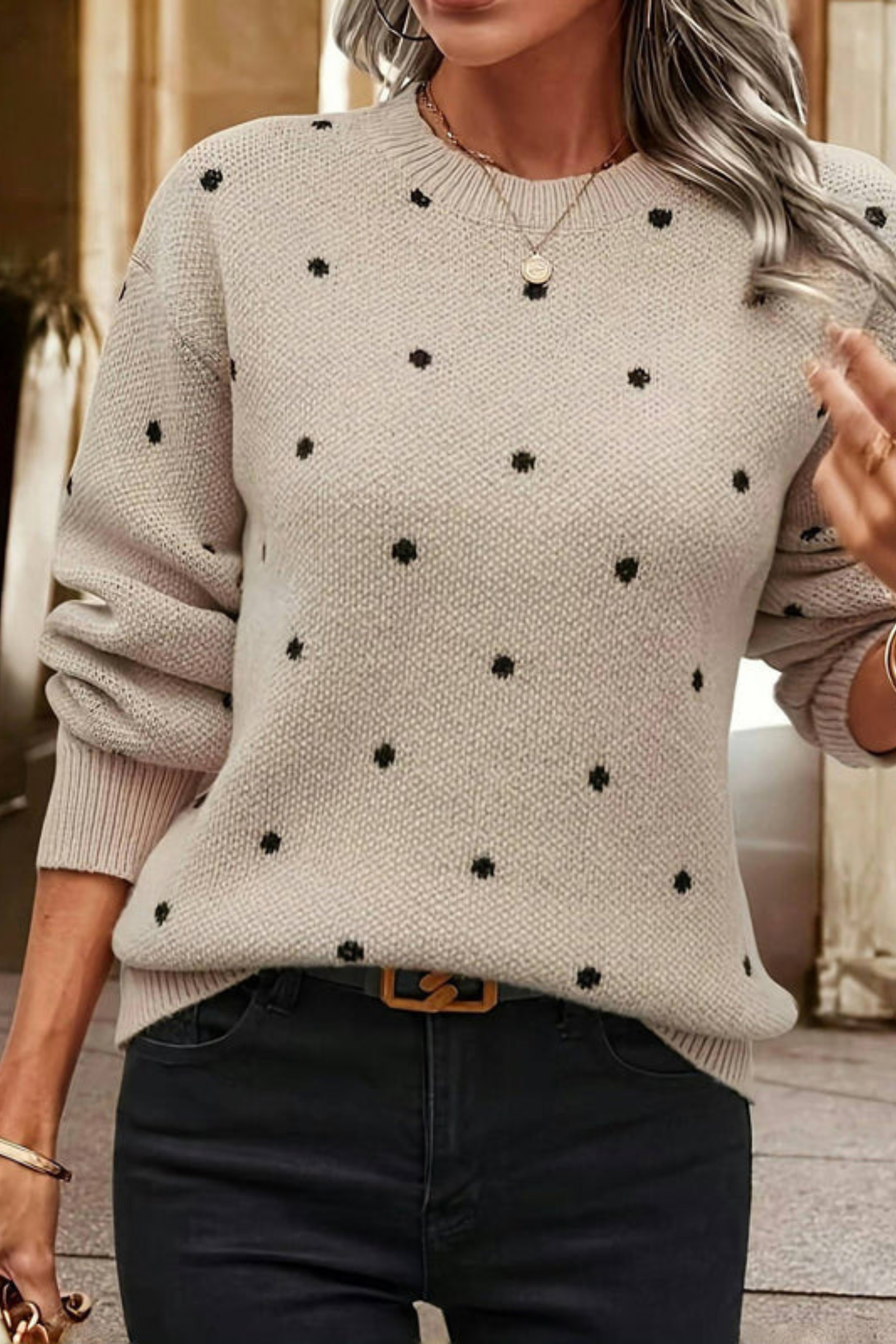 Polka Dot Relaxed Round Neck Sweater