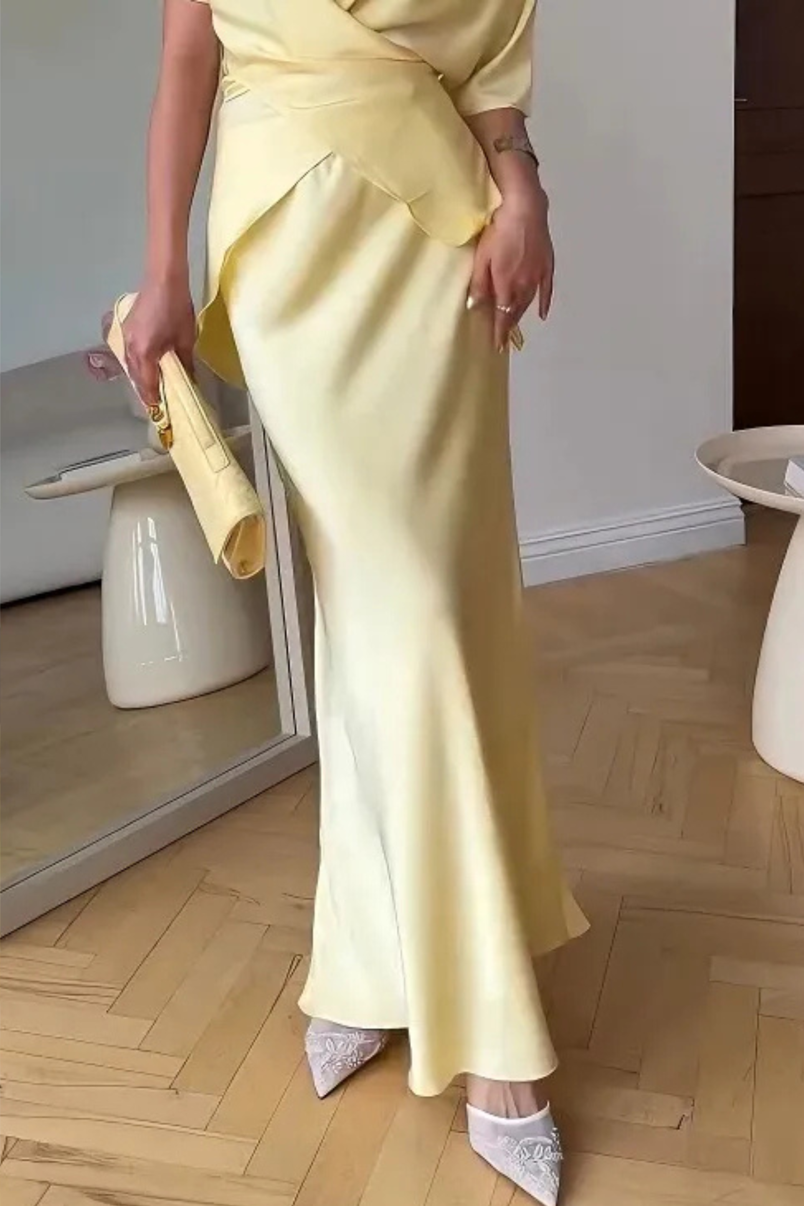 Draped Satin Midi Dress with Asymmetric Neckline