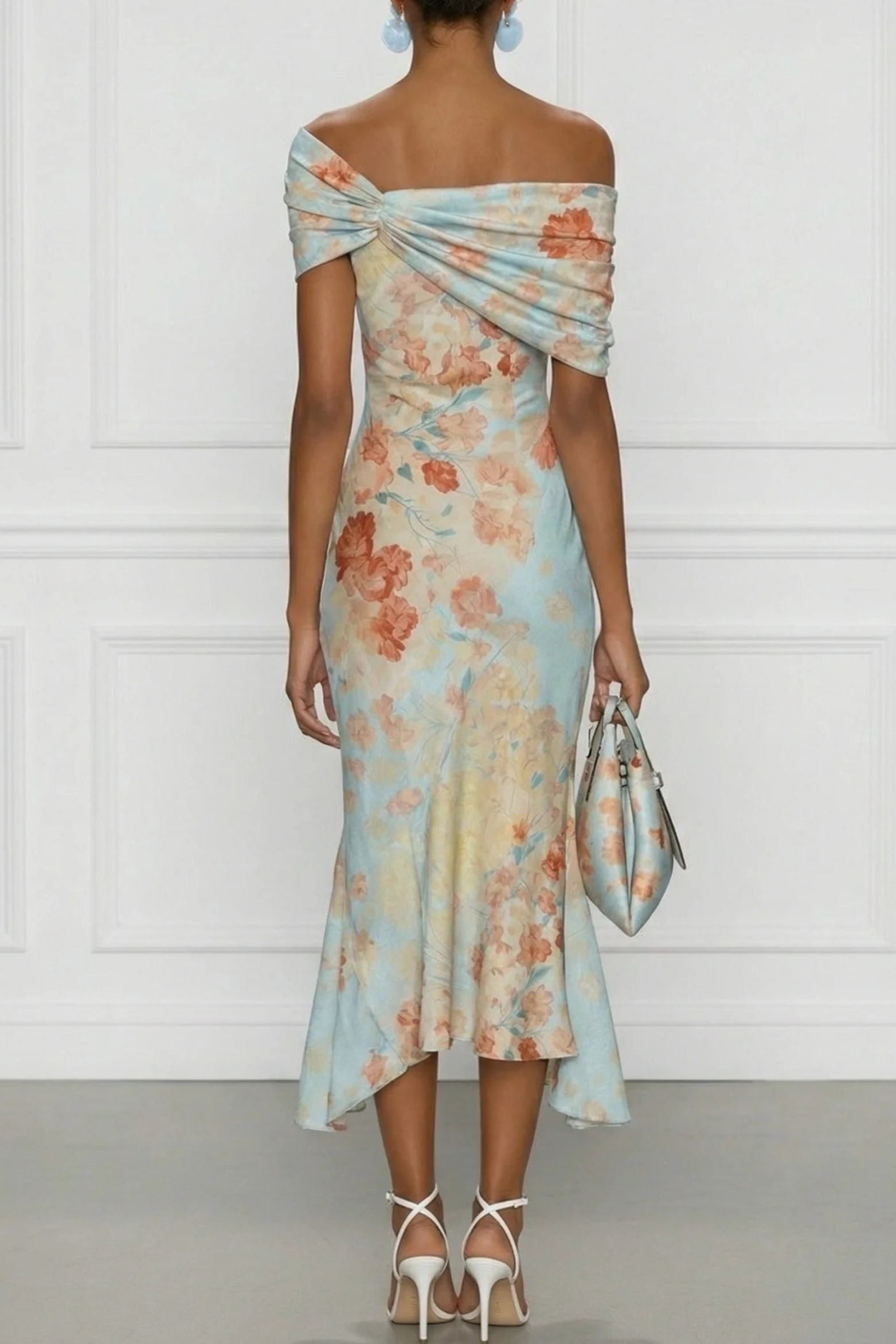 Blue Floral One Shoulder Mermaid Midi Dress