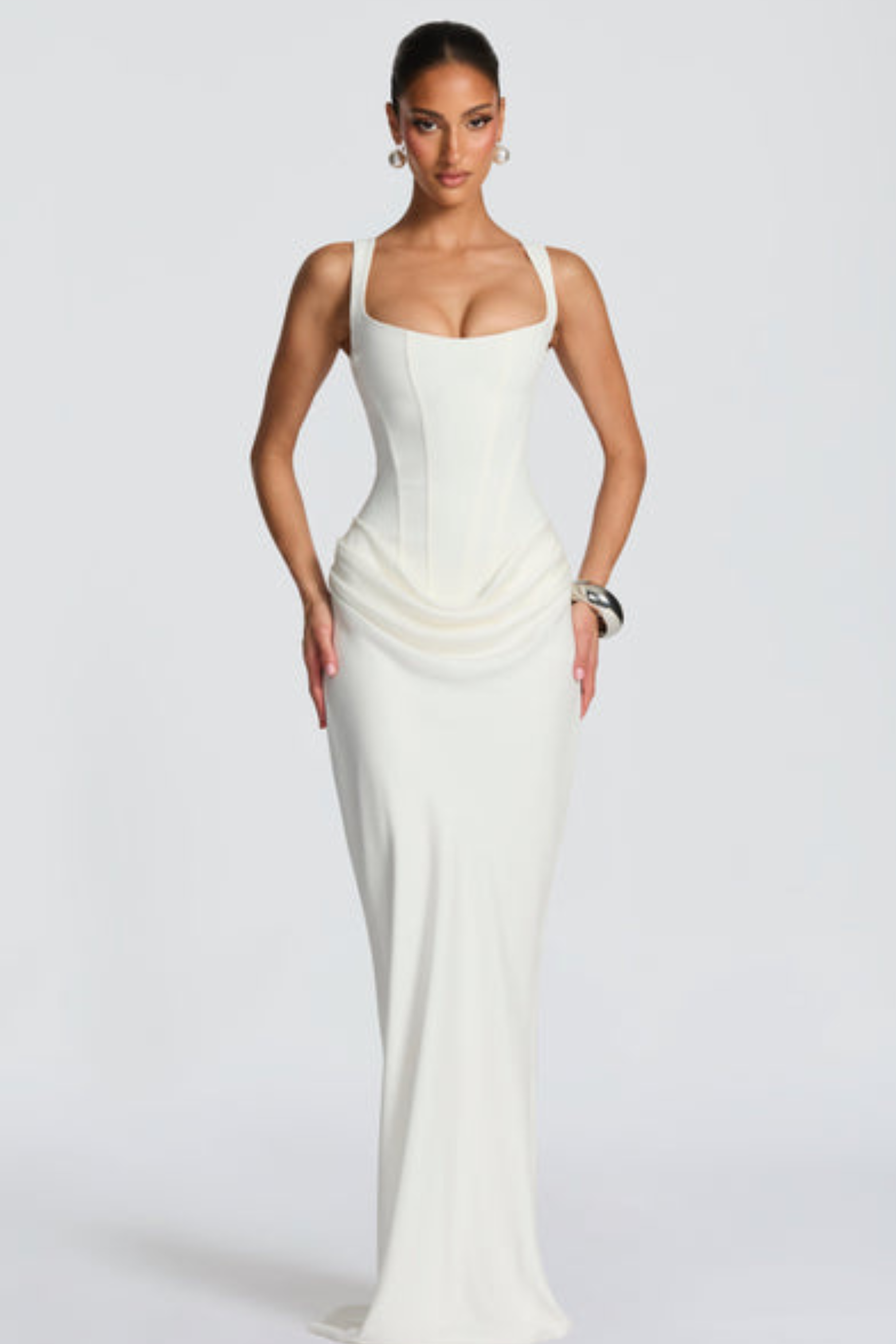Square Neck Satin Maxi Dress with Open Lace Up Back