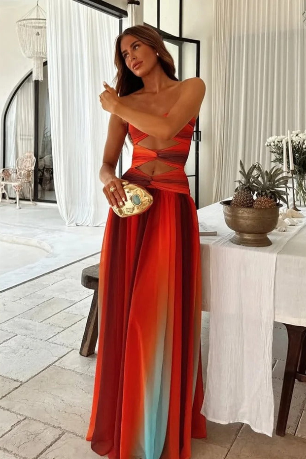 Strapless Cut Out Maxi Dress with Flowing Silhouette