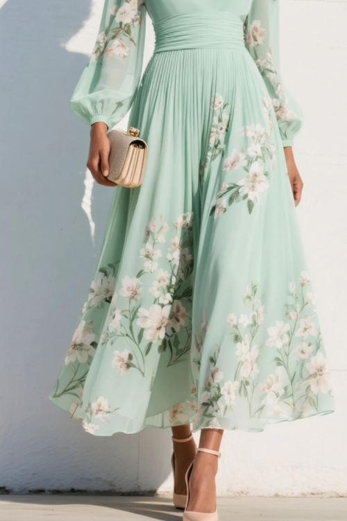 Green Floral Pleated Chiffon Midi Dress with V Neck