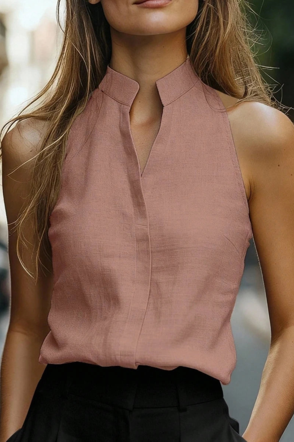Sleeveless Linen Blend Blouse with Mock Neck V-Placket