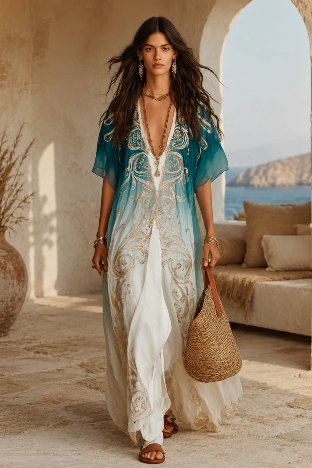 Aqua Ombre Kaftan Maxi Dress