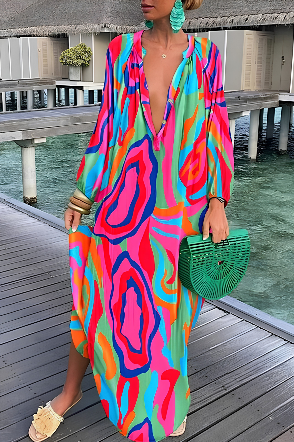 Abstract Print V Neck Kaftan Maxi Dress