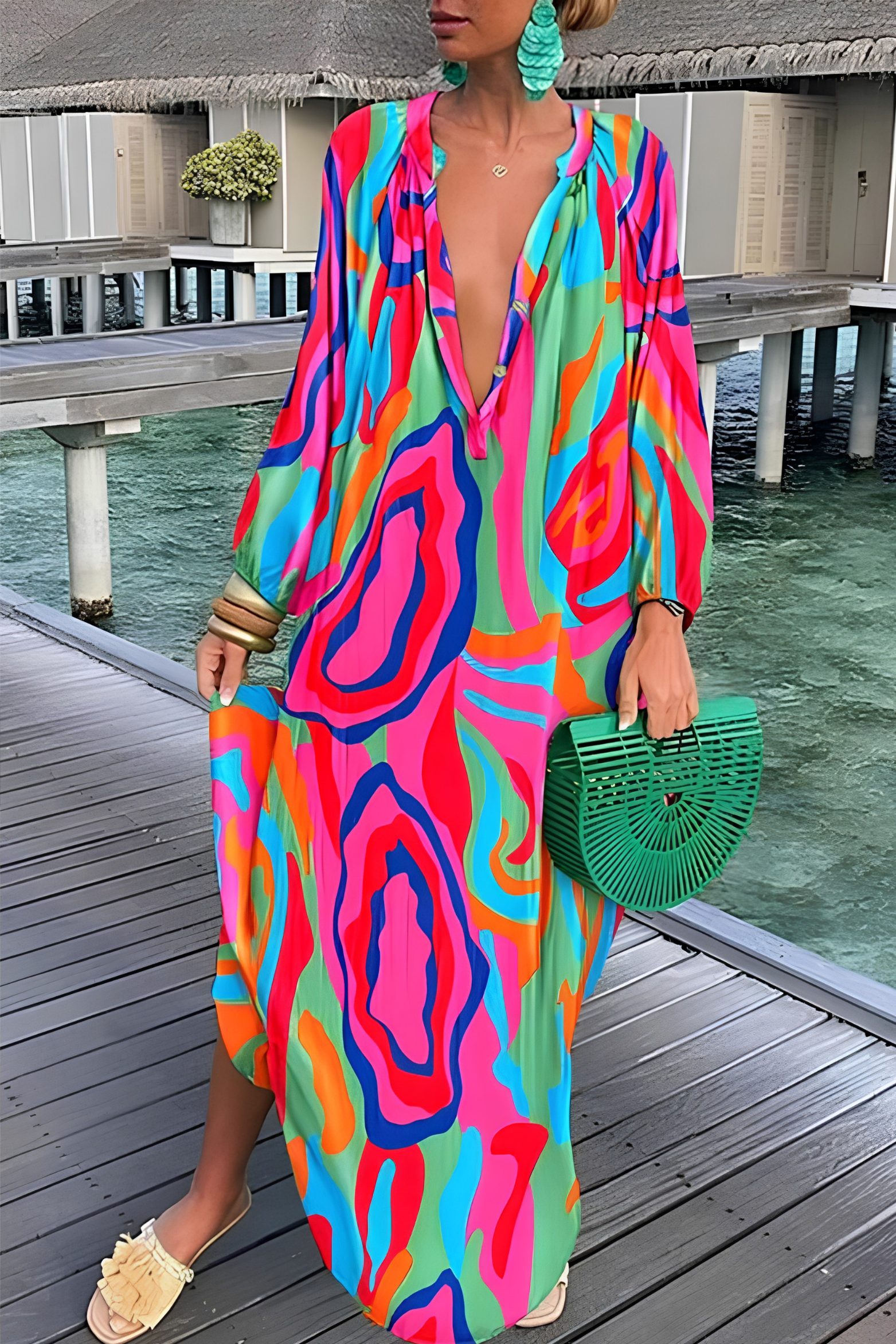 Abstract Print V Neck Kaftan Maxi Dress