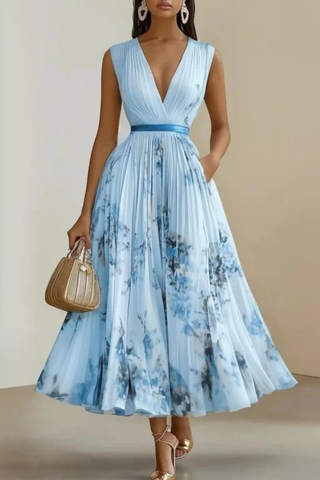 Sleeveless Pleated Flowy Summer Maxi Dress