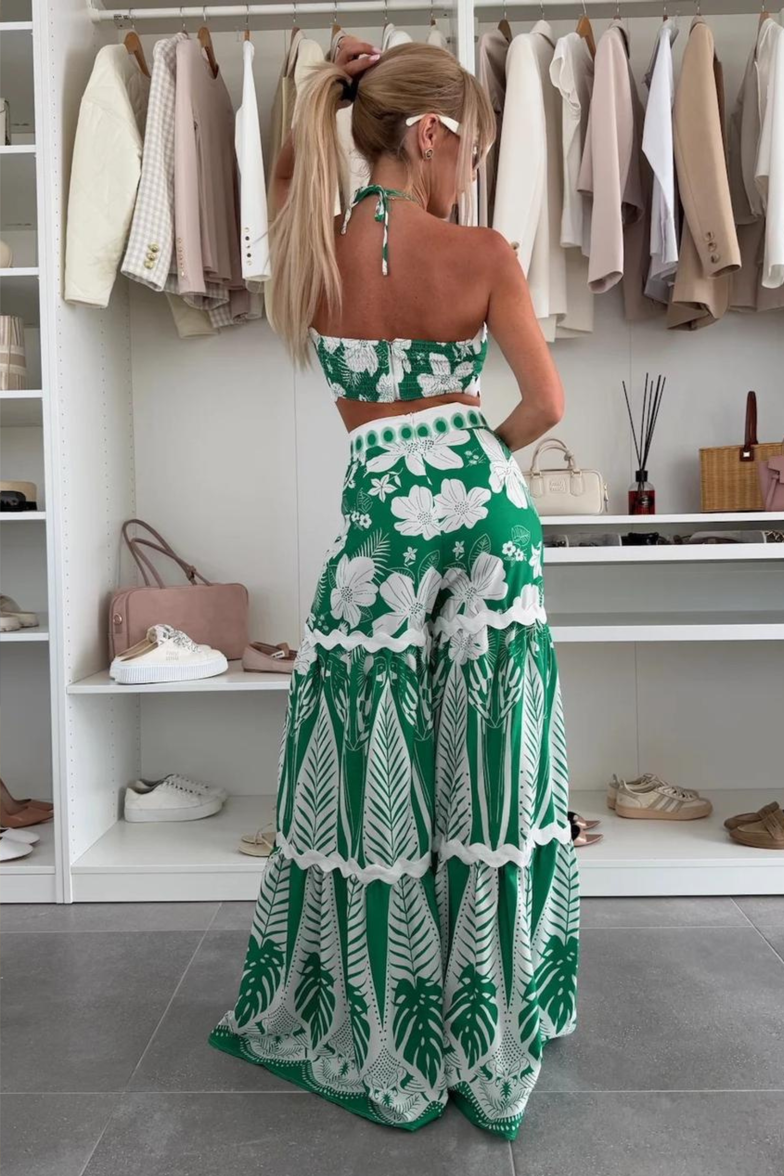 Printed Halter Ring Top and Wide Leg Pants Co Ord Set with Ric Rac Trim