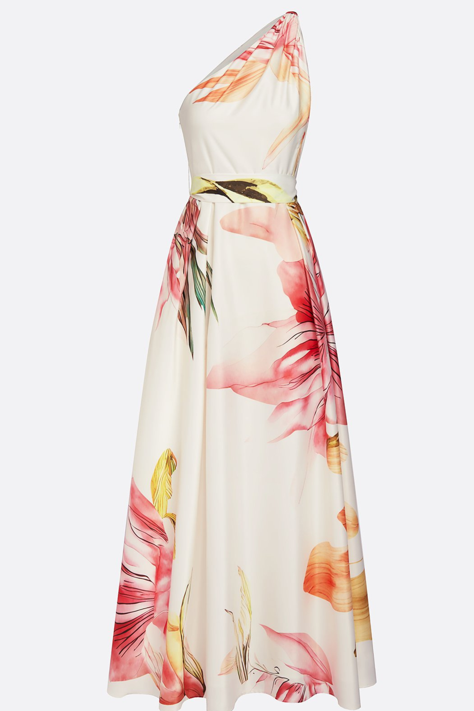 Pink Floral Satin One Shoulder Maxi Dress